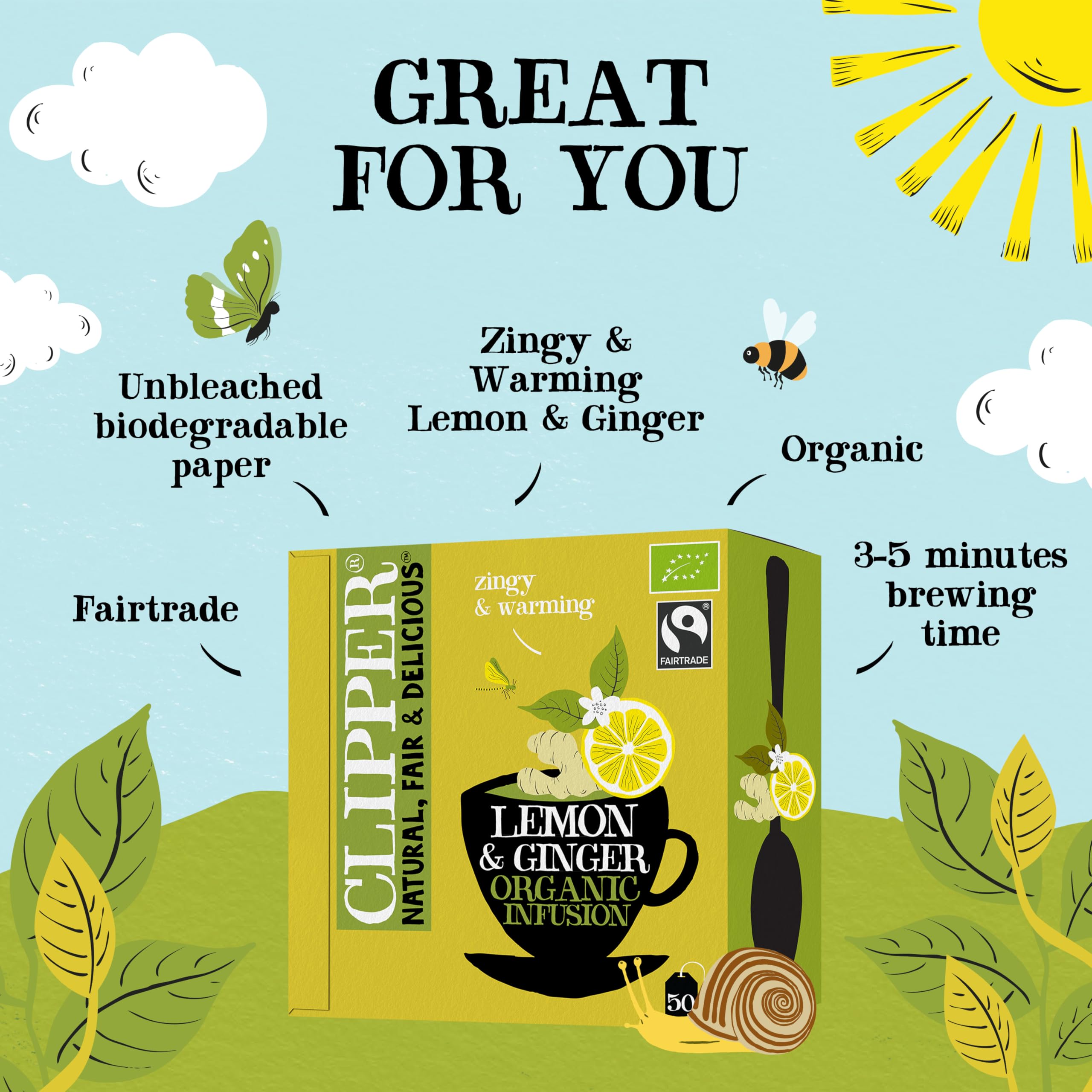 Clipper Natural, Fair & Delicious Organic Lemon and Ginger Herbal Tea Bags - 50 Count, Caffeine-Free