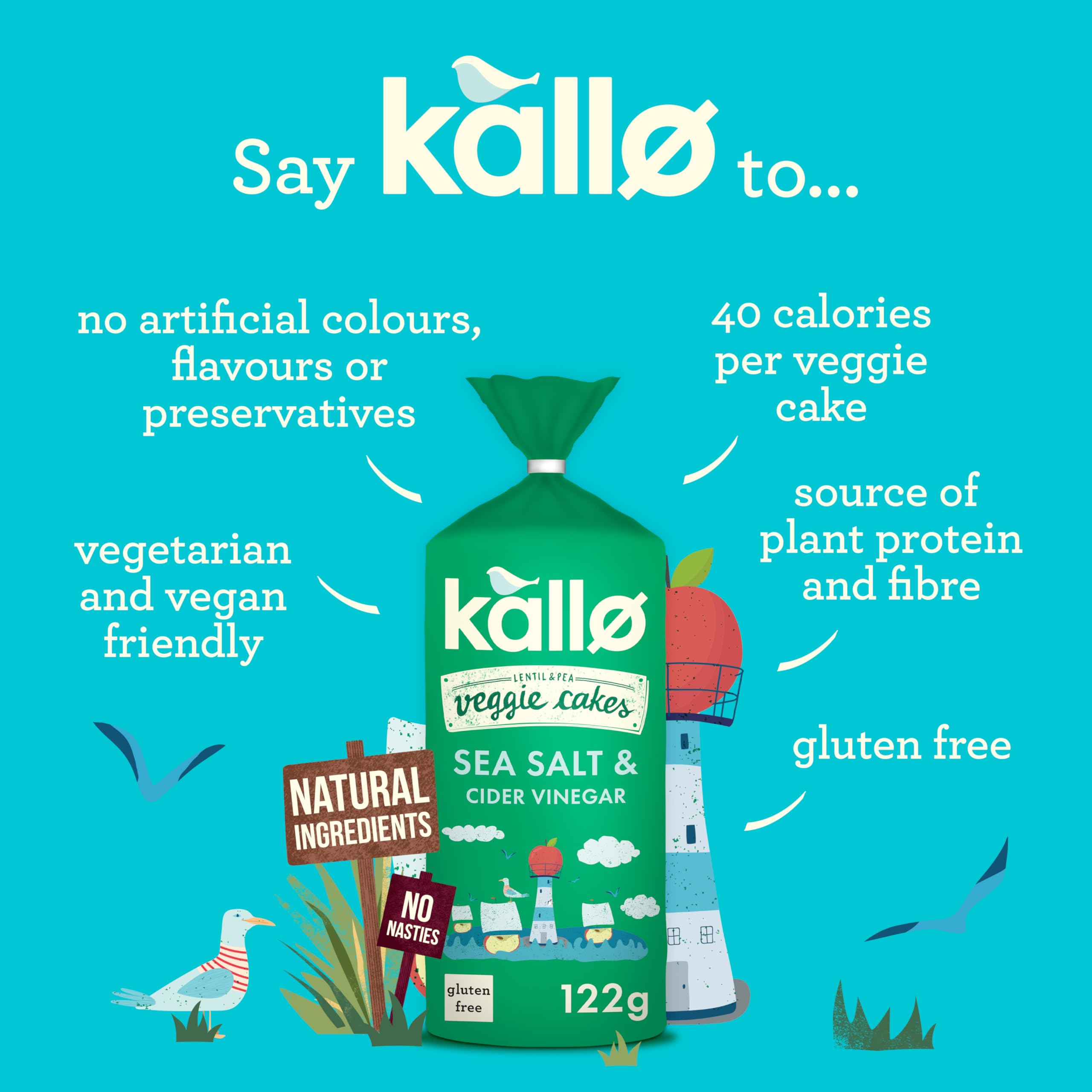 Kallo Sea Salt & Cider Vinegar Veggie Cakes, Lentil & Pea Puffed Crackers, Gluten Free, Vegan, 40 Cal per Slice