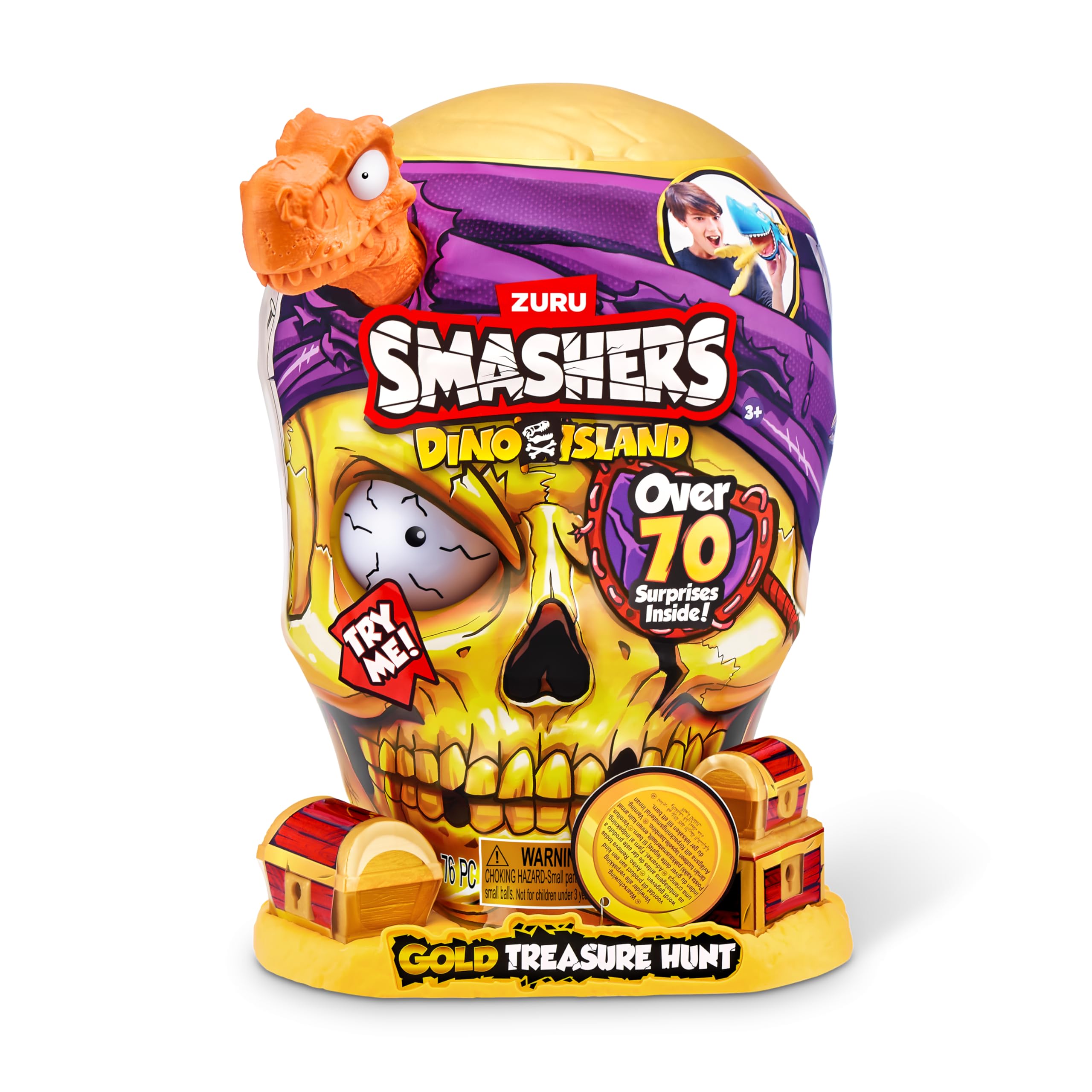 ZURU SMASHERS Dino Island Gold Treasure Hunt - Orange Dinosaur Skull Playset for Kids 3