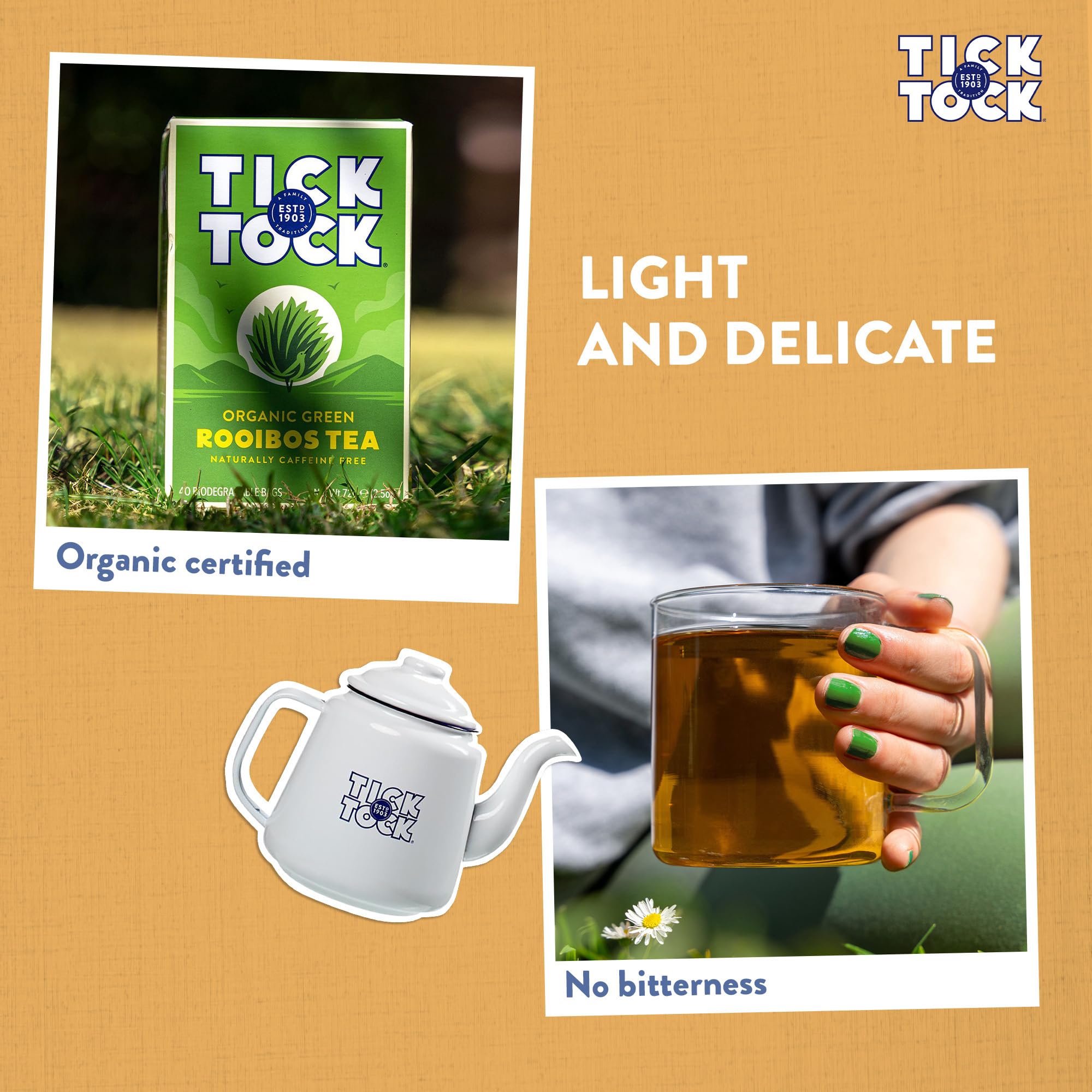 Tick Tock Organic Green Rooibos Tea Bags - Naturally Caffeine-Free, Biodegradable, 288g 3