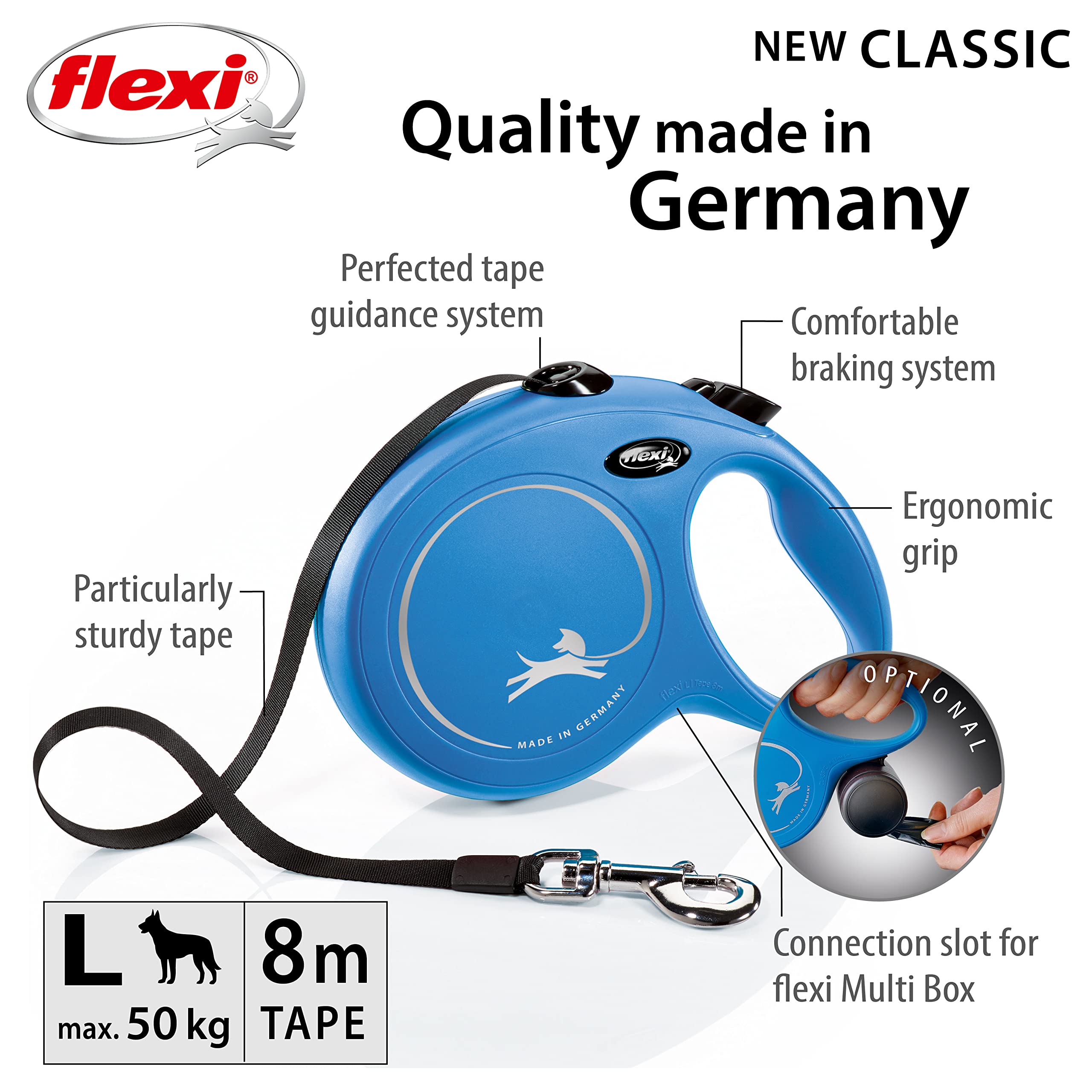 flexi New Classic Retractable Lead - 8m Tape for Dogs up to 50kg | Blue | L Size 2