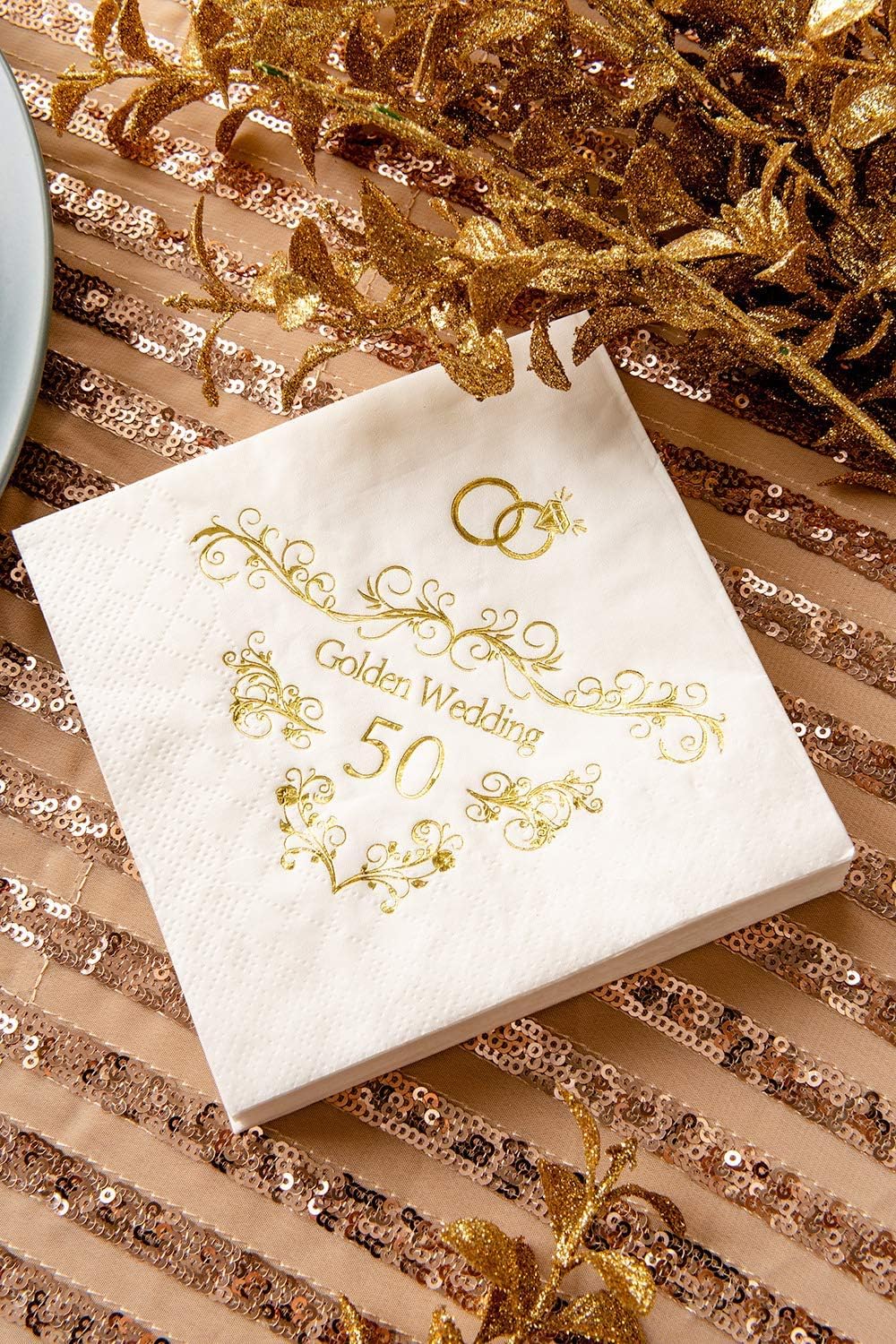 Crisky Gold Foil 50th Anniversary Napkins, 3-Ply Cocktail Napkins for Wedding Party Decor