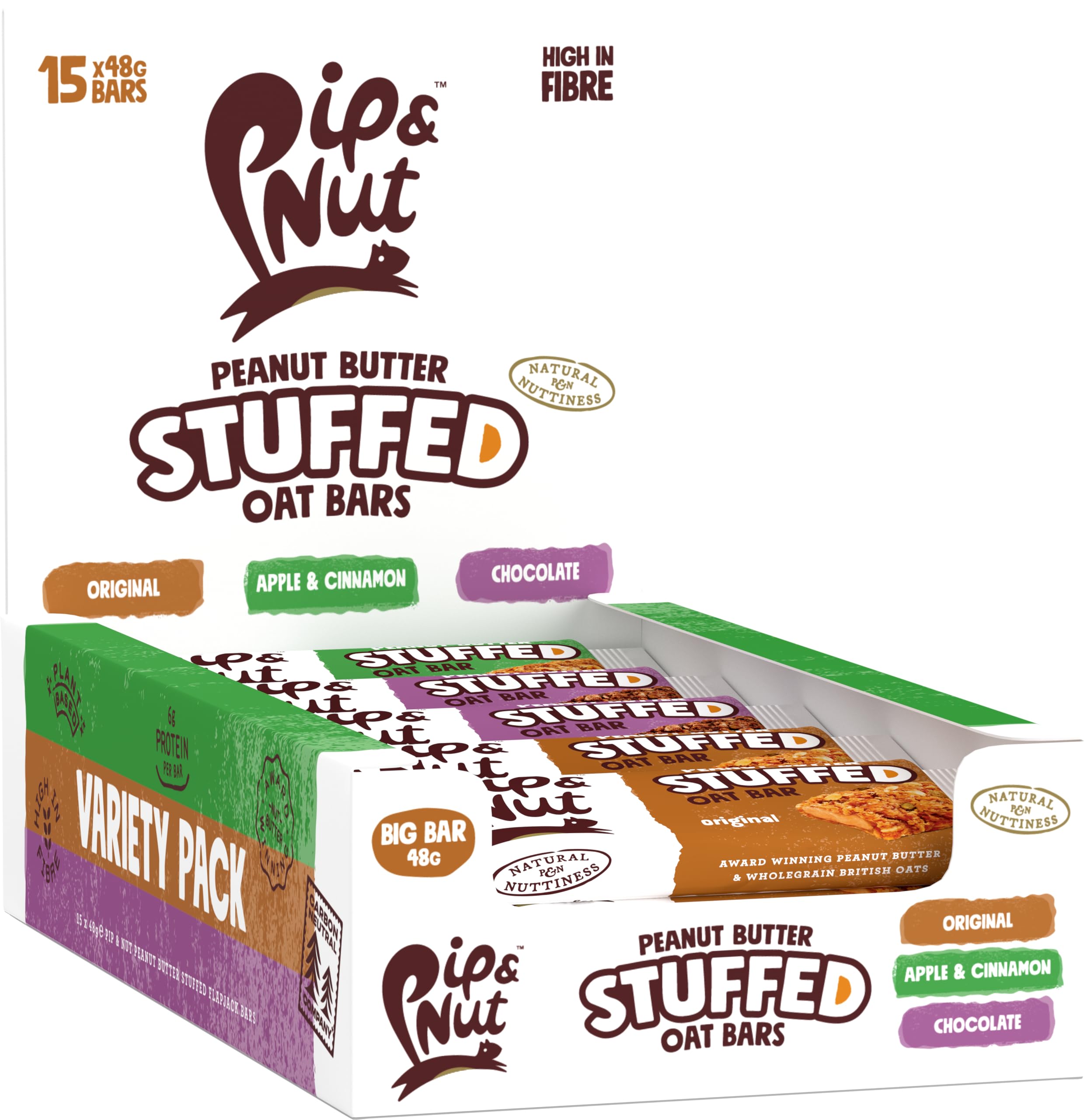 Pip & Nut Peanut Butter Stuffed Oat Bar Variety Pack - 15 Bars (Original, Chocolate, Apple & Cinnamon)