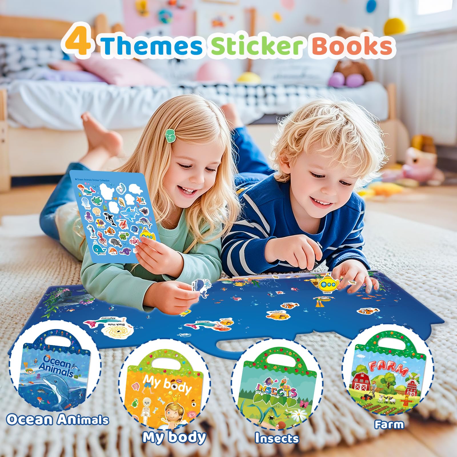 GUYUCOM 4 Pack Reusable Sticker Books - Ocean, Body, Insect & Farm Themes | Fine Motor Skill Development