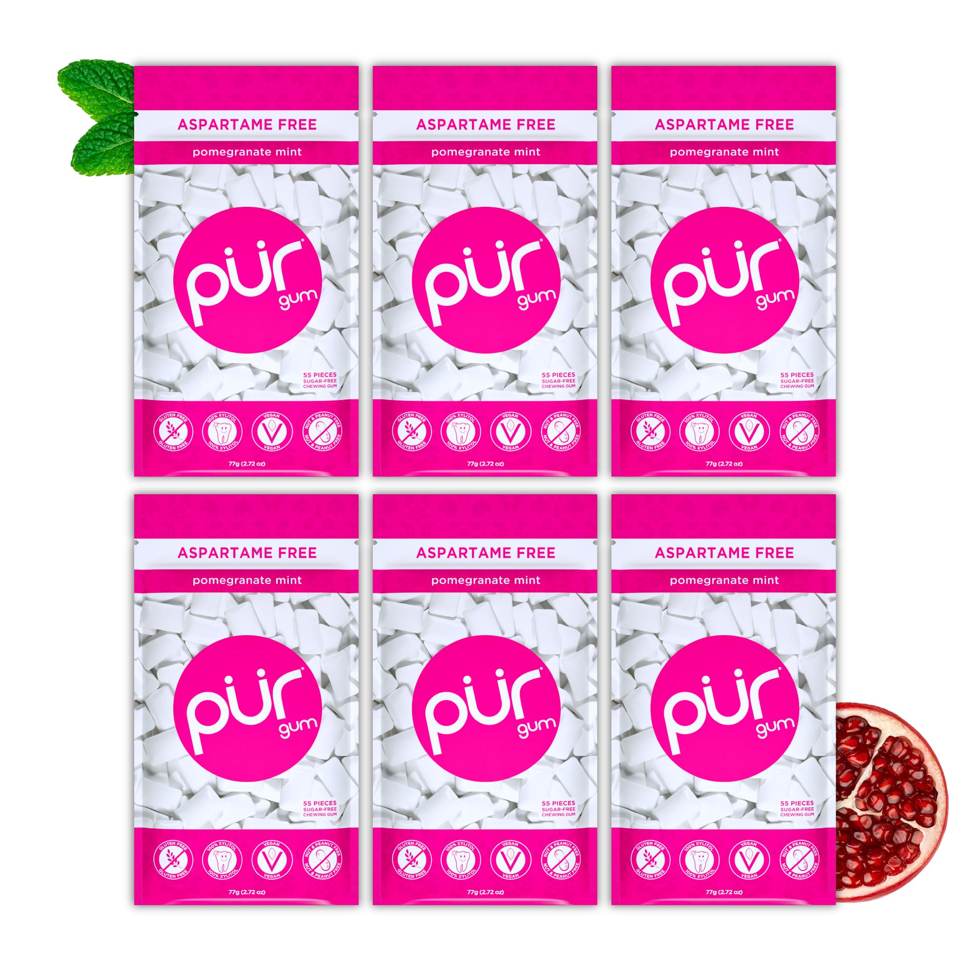 PUR - Pomegranate Mint Sugar-Free Chewing Gum (55 Pieces, Pack of 6)