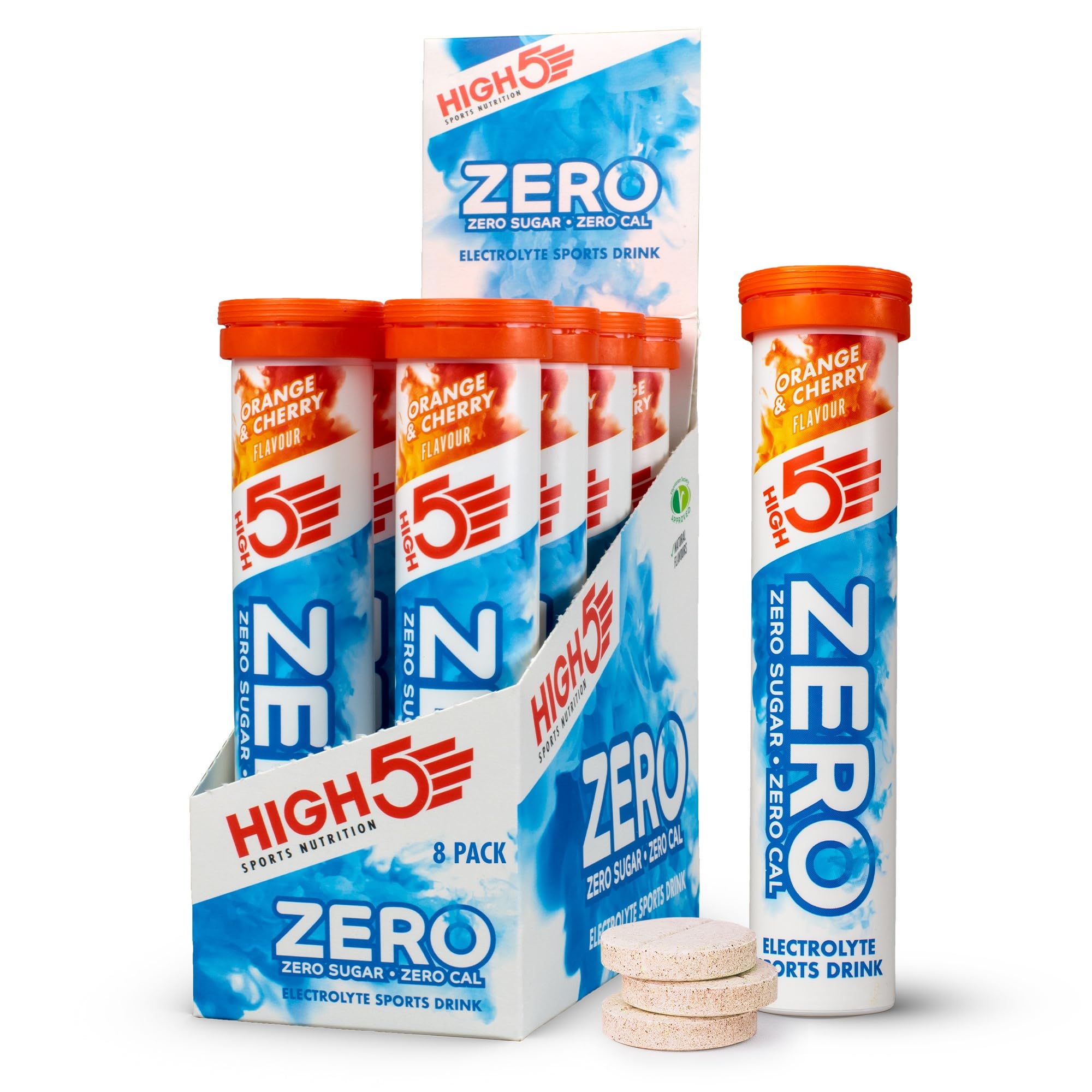 Boxes of HIGH5 ZERO Electrolyte Tablets, with individual sachets and a booklet, displayed against a white background.