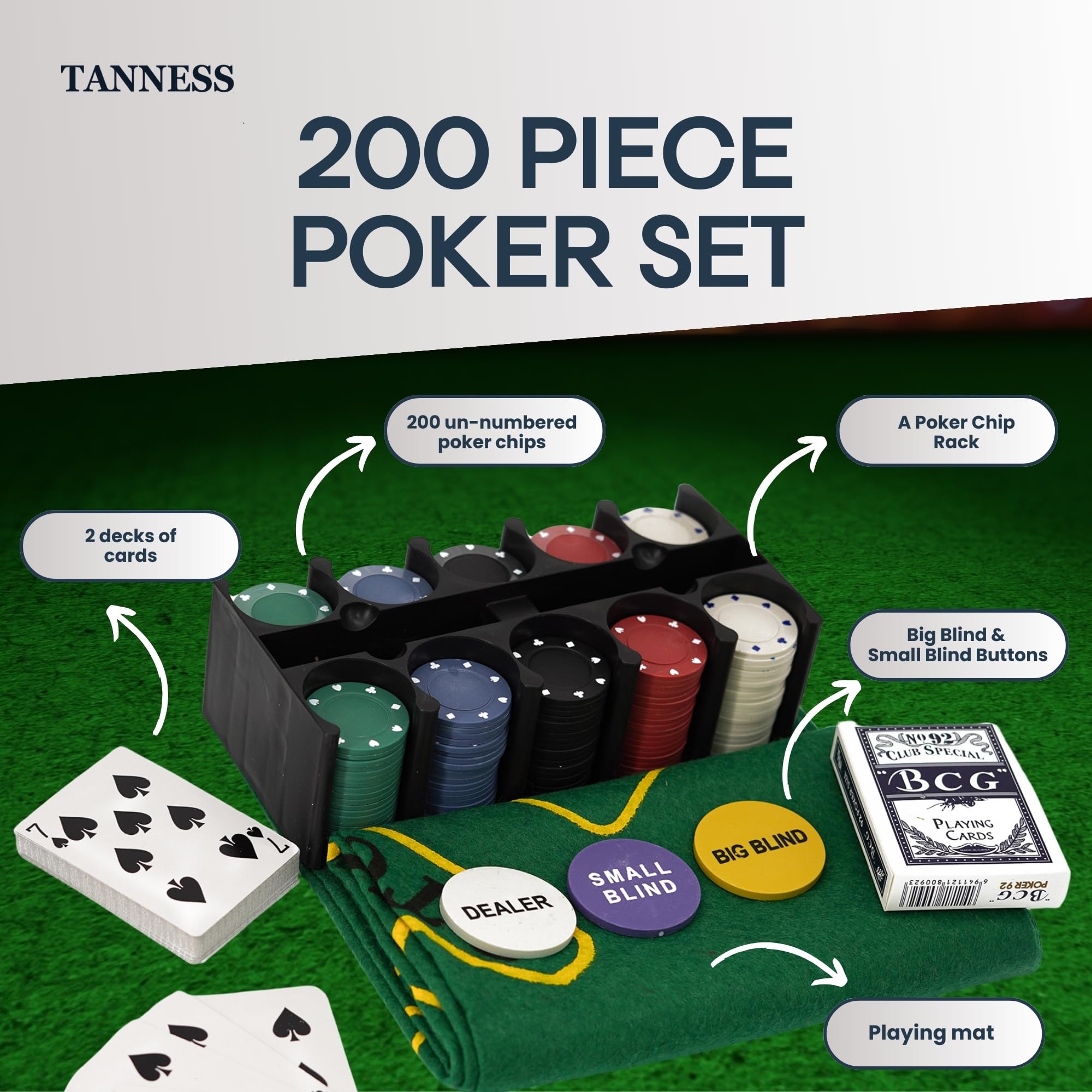 Tanness 200 Pcs Casino Poker Set with Chips, Cards, and Playing Mat for Texas Hold'em and Blackjack 6
