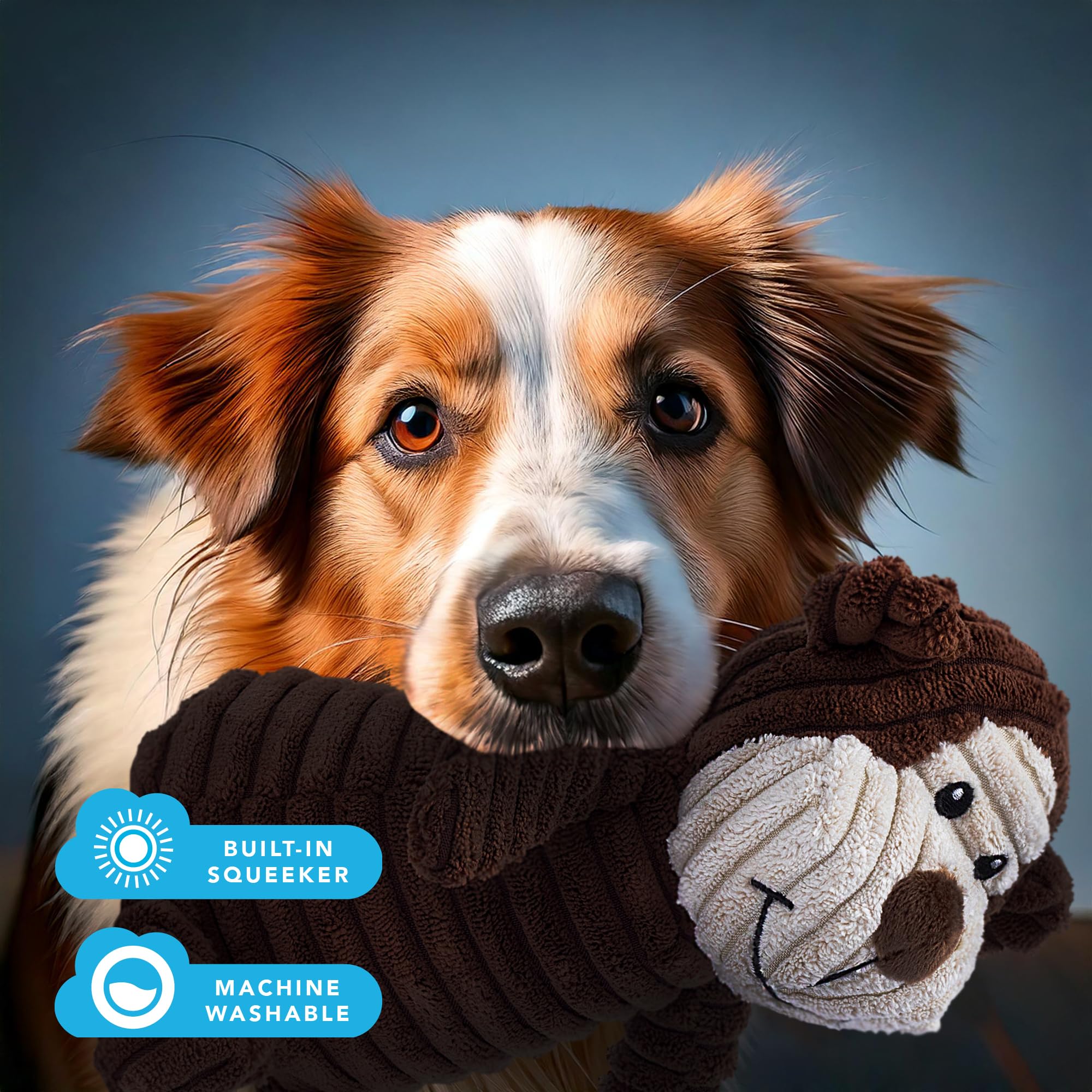 Zappi Co Brown Monkey Plush Dog Toy with Squeaker | Corduroy Texture | Medium Dog Size 5