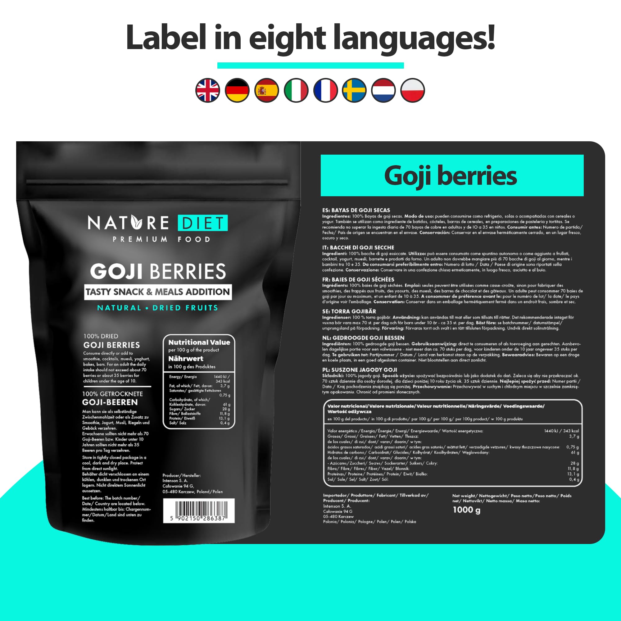 Nature Diet Goji Berries - Healthy Snack Rich in Protein & Vitamin C | 1000g Dried Fruit