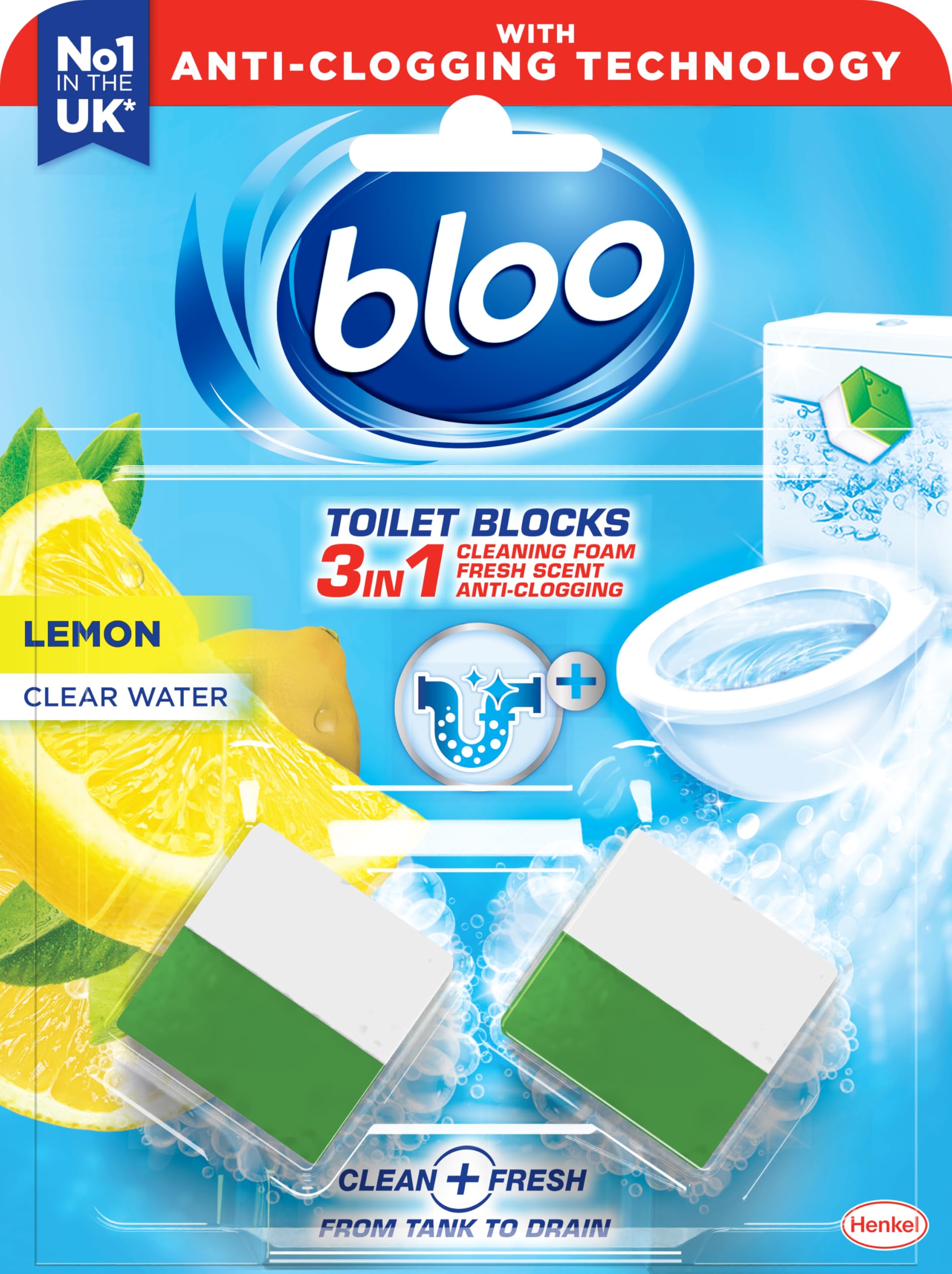 Bloo 3in1 Toilet Blocks Limescale Remover Cistern Block, Lemon Scent, 2 Count Pack