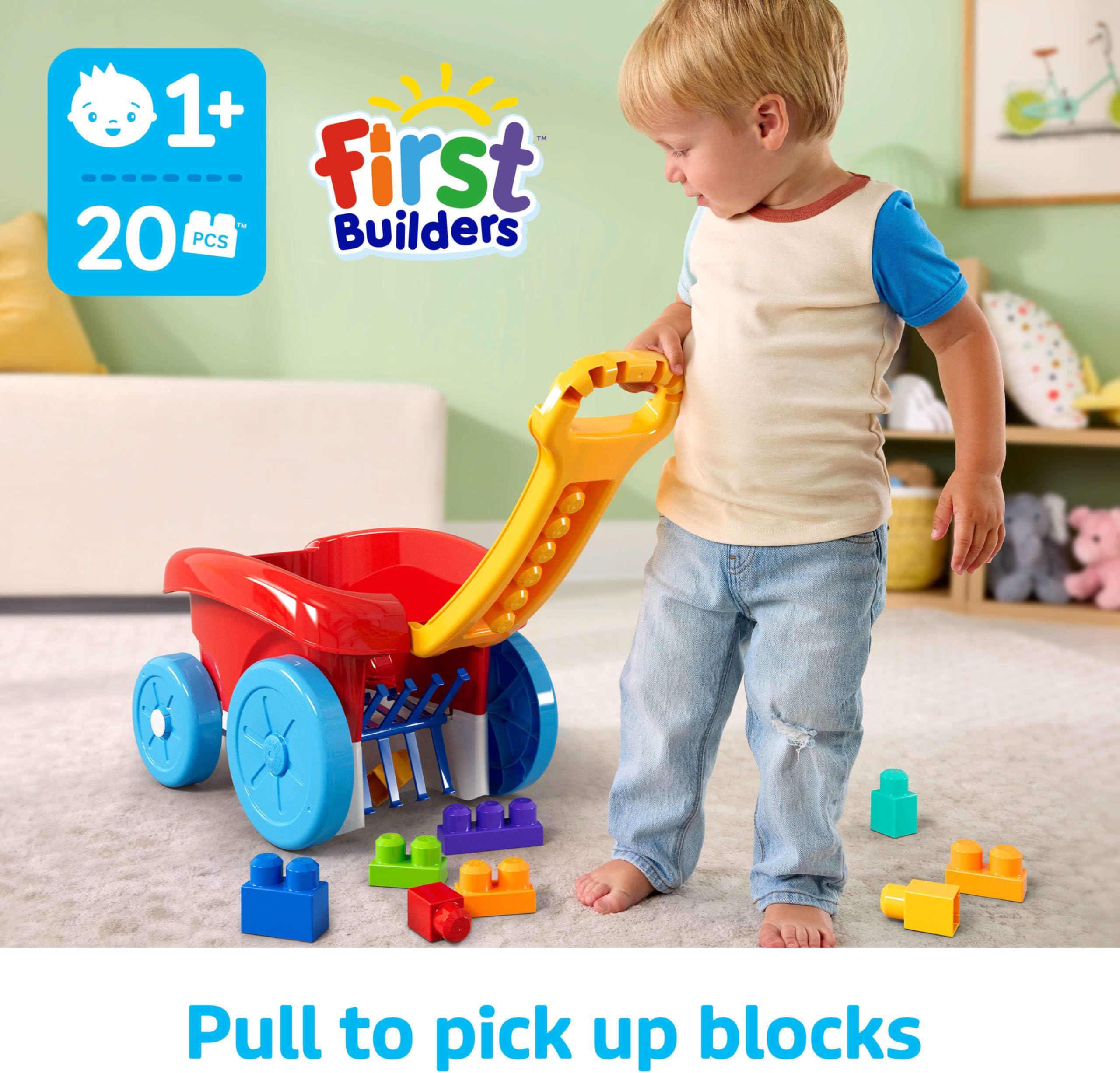 MEGA BLOKS First Builders Toddler Building Toy - Block Scooping Pull Wagon with 20 Big Building Blocks for Ages 1+ 3