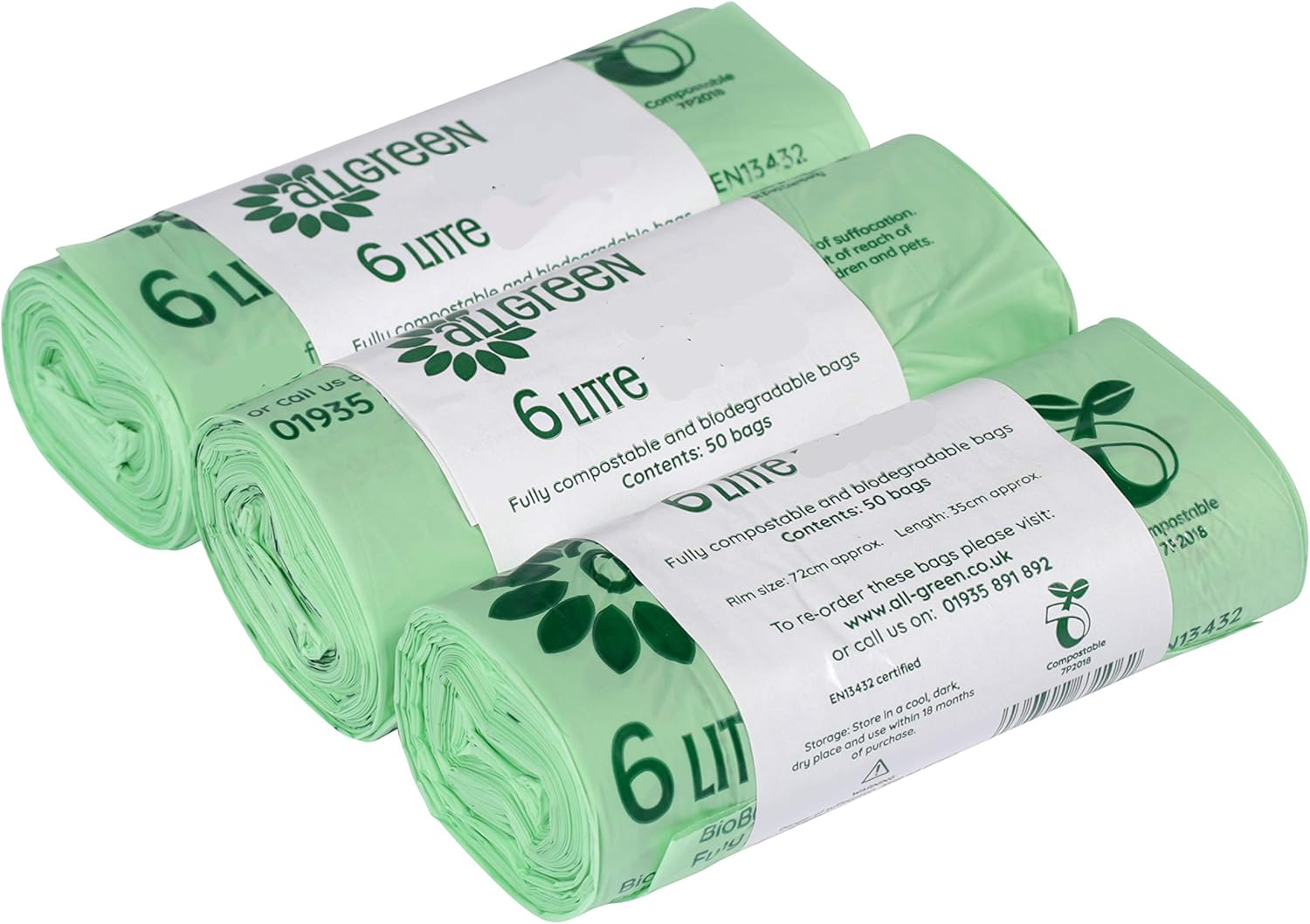 All-Green Compostable Kitchen Caddy Liners 6L - 150 Bags (3 Rolls)