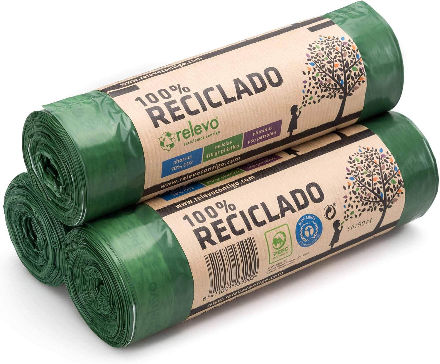 Relevo 100% Recycled Heavy Duty Bin Liners 30L - 45 Count (3 Rolls)