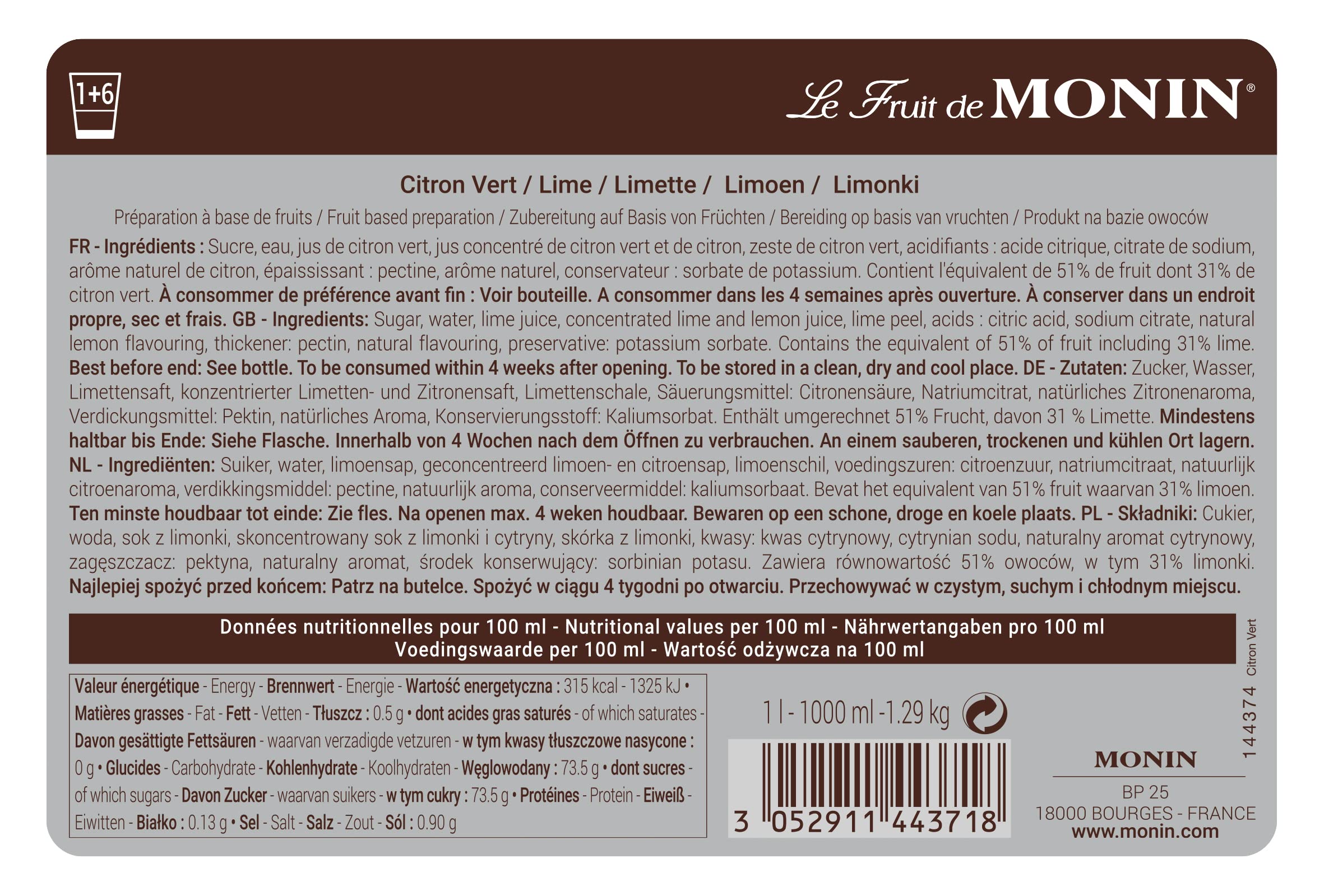 MONIN Lime Fruit Mix Puree 1 Litre - Vegan, Allergen-Free Cocktail & Mocktail Syrup with Natural Flavourings 6