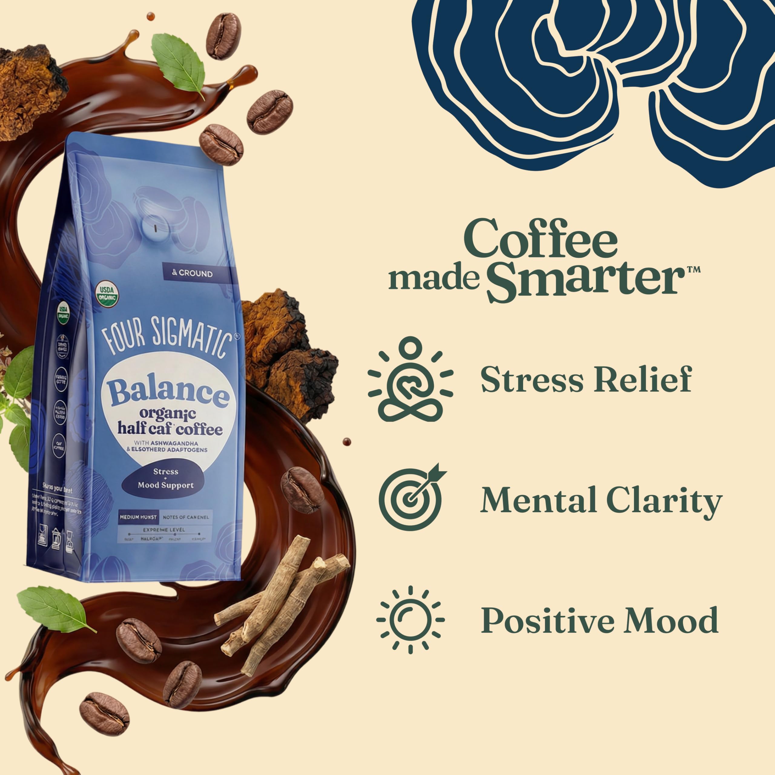Four Sigmatic Organic Balance Adaptogen Ground Coffee - Medium Roast, Fair Trade, 340 g 2