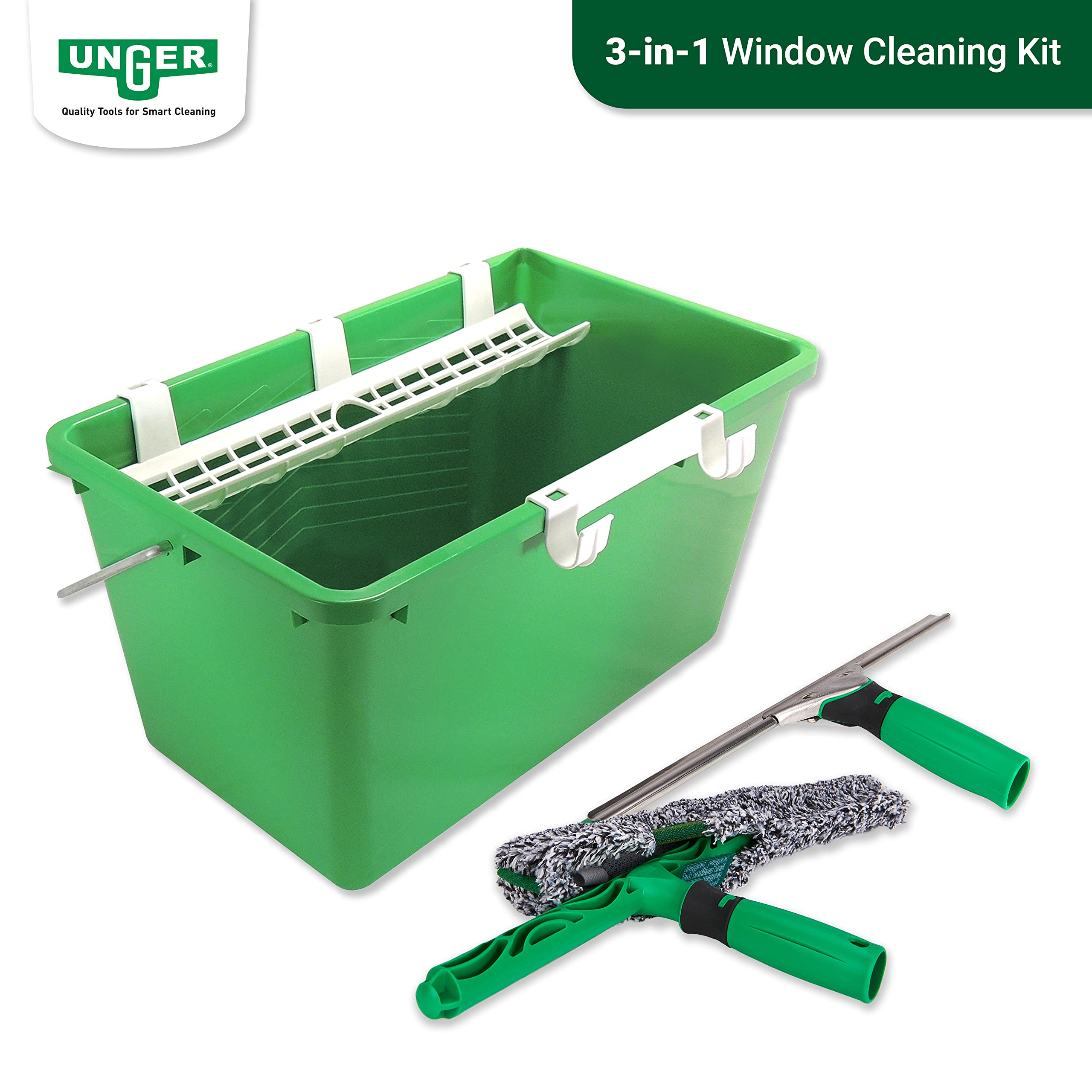 Unger AK013 Window Cleaning Kit 3-in-1 Starter Set with Squeegee, Microfibre Washer & Bucket 6