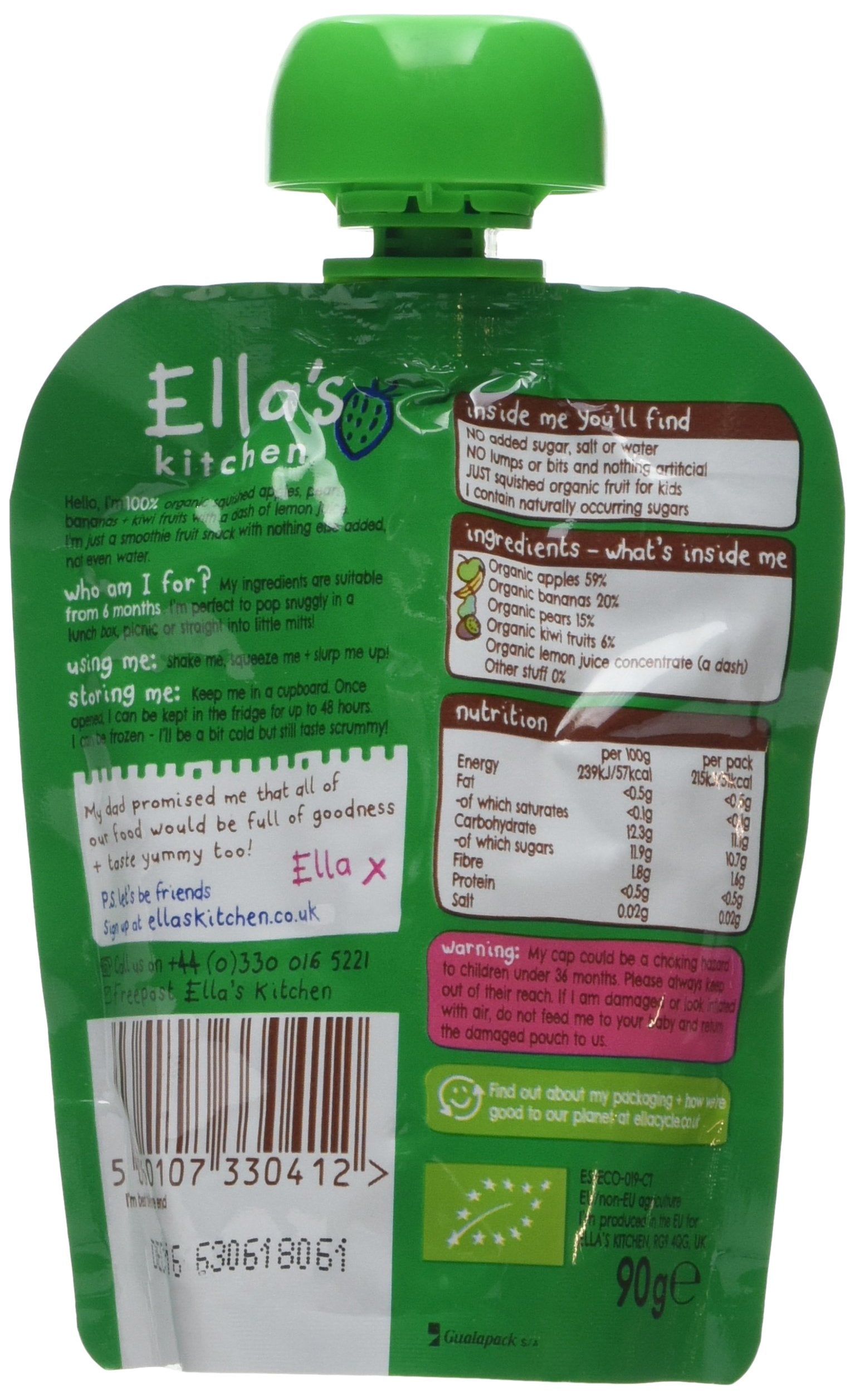 Ella's Kitchen The Green One Smoothie Fruits 6+ Months, Organic Fruit Snack, Pack of 5 (450g)