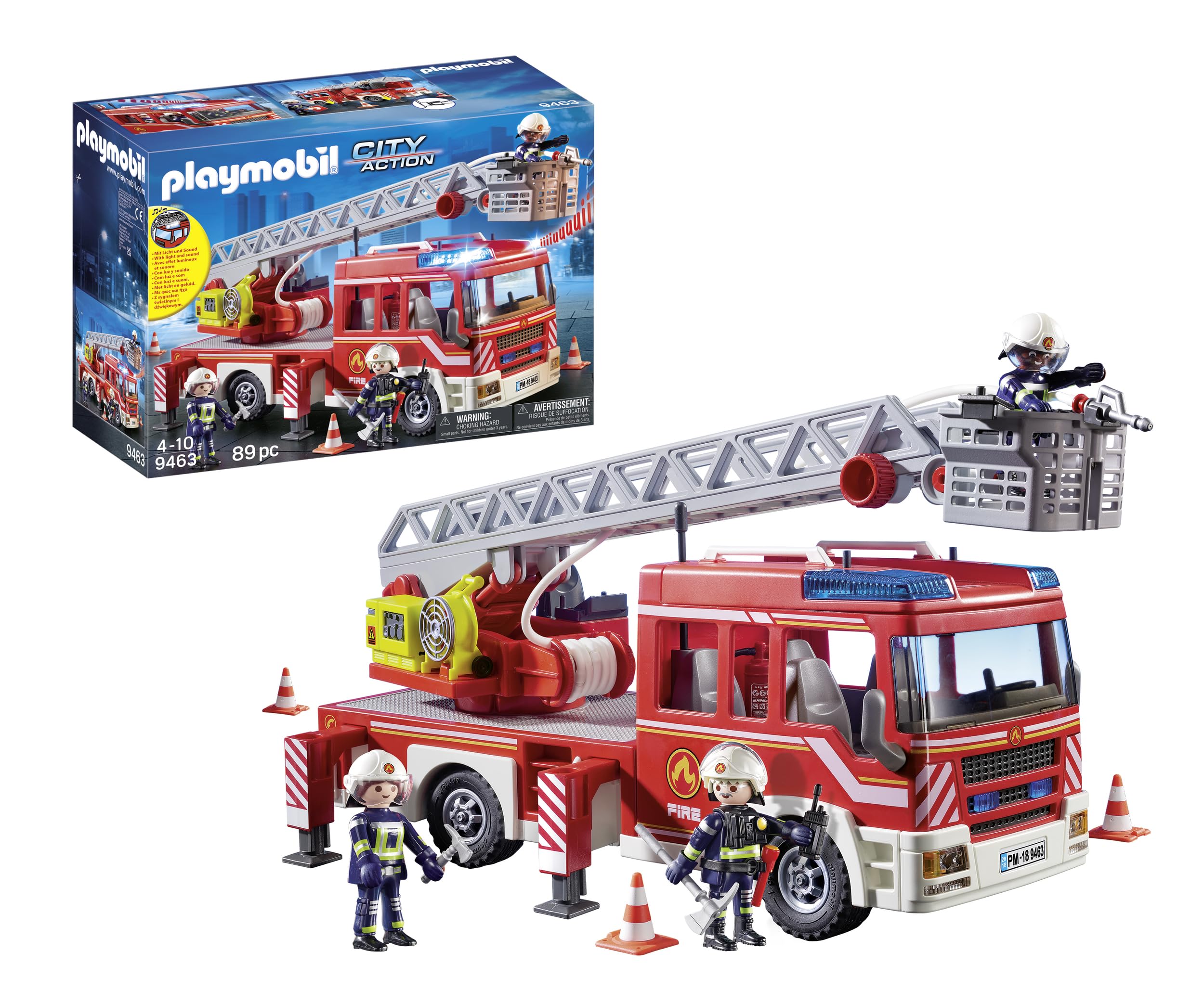 PLAYMOBIL Fire Ladder Unit 9463 - Light & Sound Effects, Water Pump Playset for Ages 4+ 5