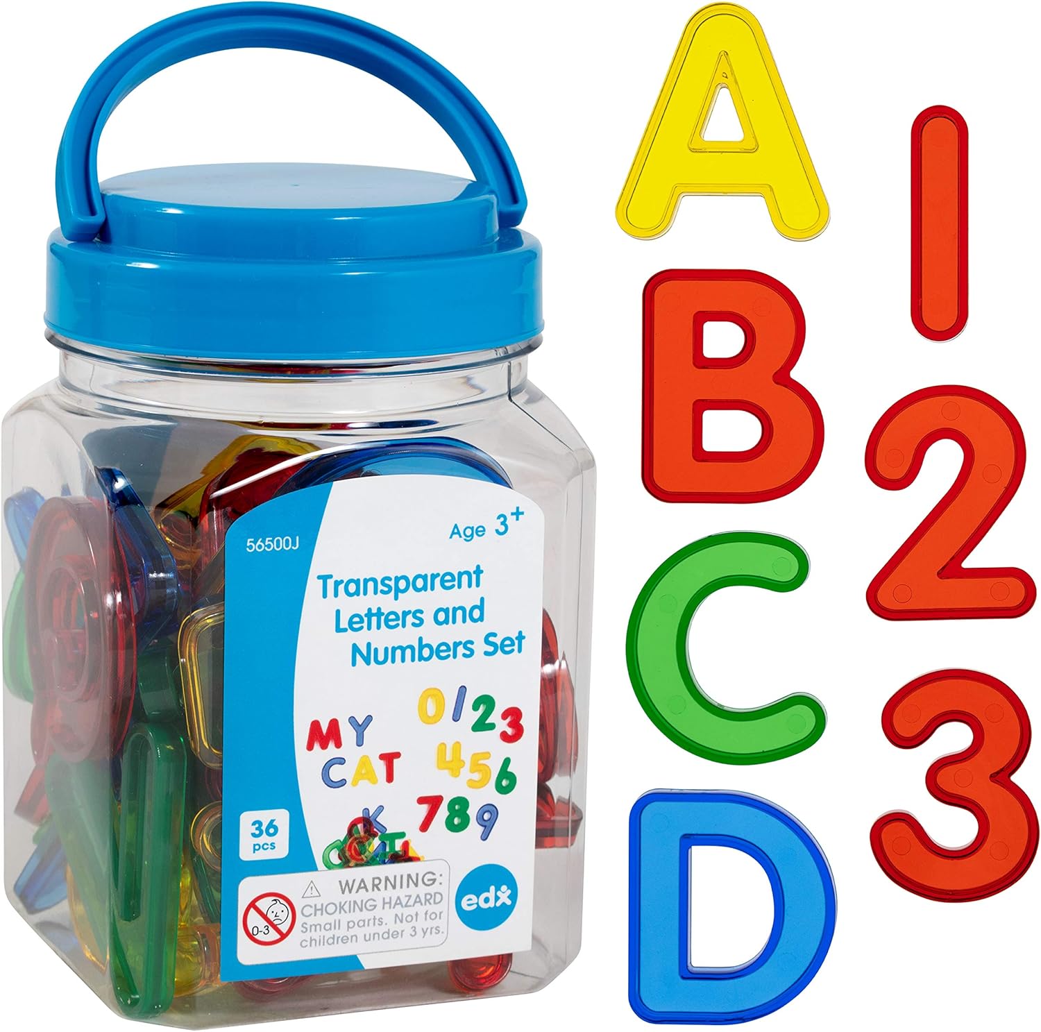 edxeducation Transparent Letters and Numbers - Mini Jar with Lid and Handle