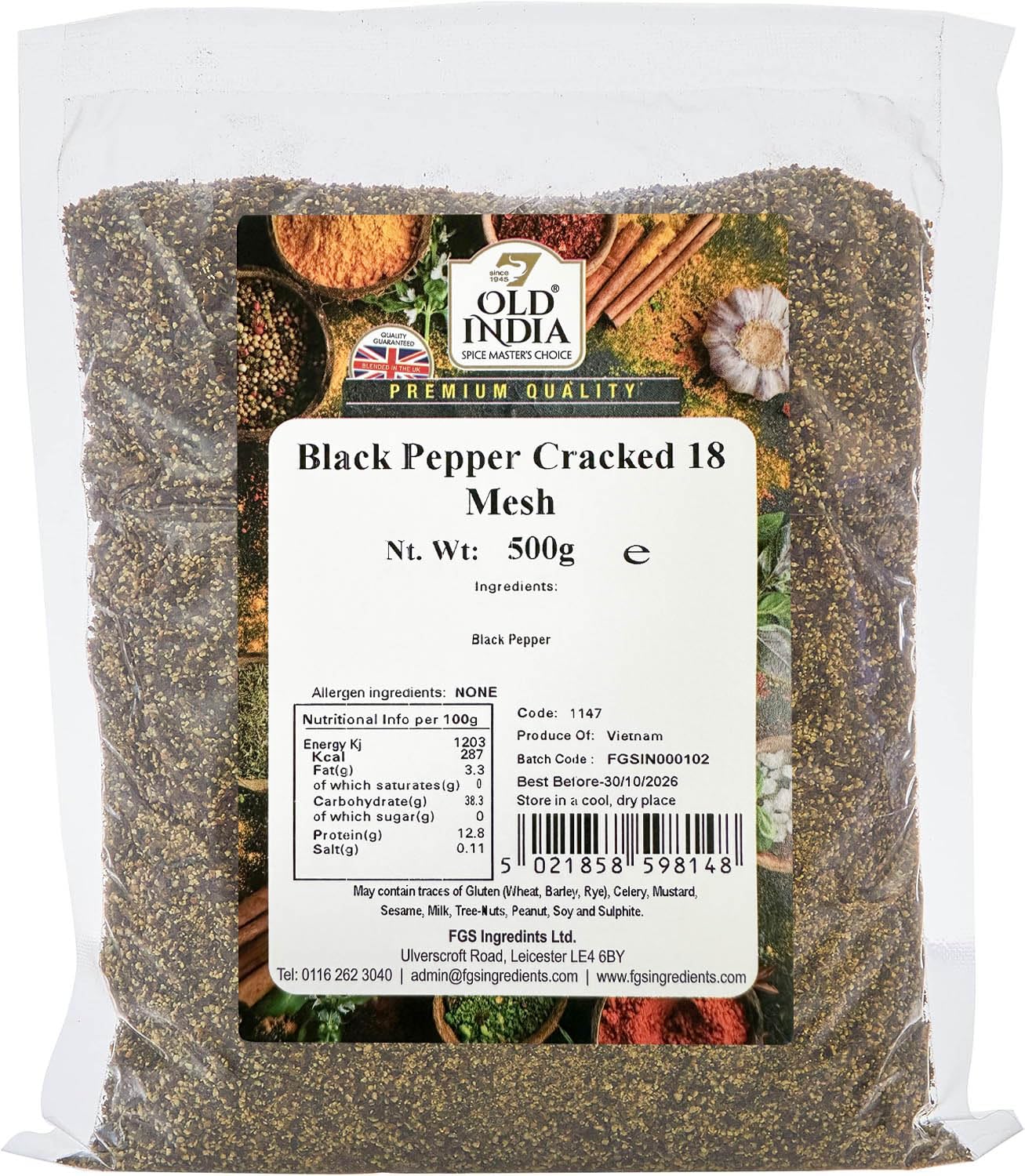 Old India Black Pepper Cracked 18 Mesh 500g