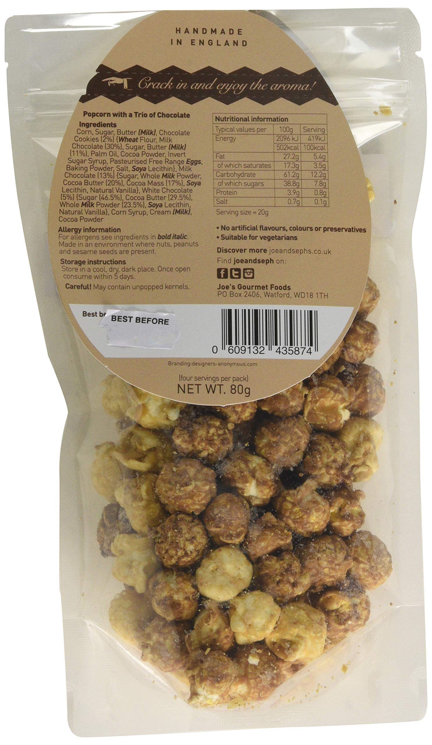 Joe & Seph's Trio of Chocolate Popcorn Pouch (80g) - White, Milk & Cookies and Cream Flavours