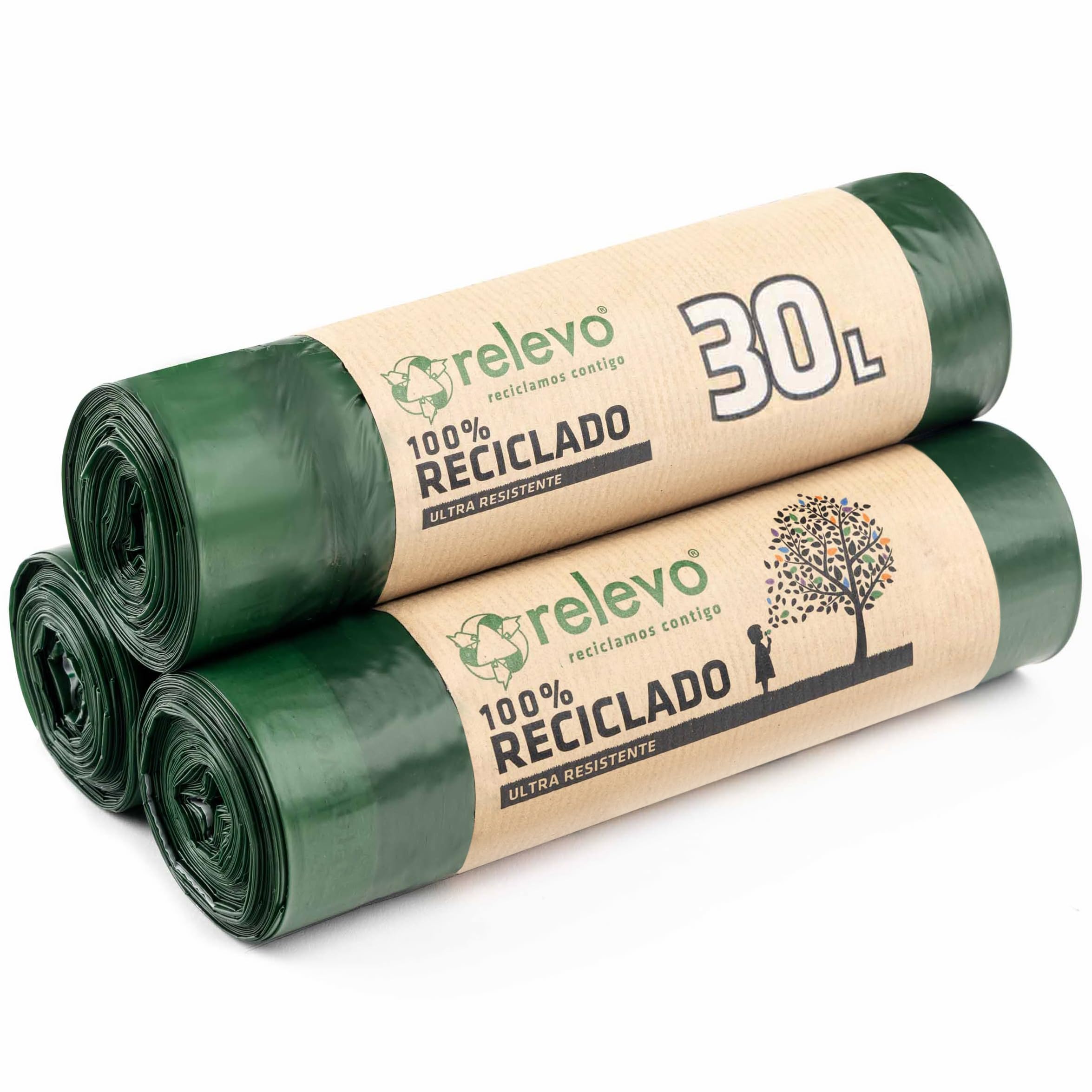 Relevo Green Drawstring Bin Bags - 30L (45 Bags) | Extra Strong | 100% Recycled LDPE from Greenhouses