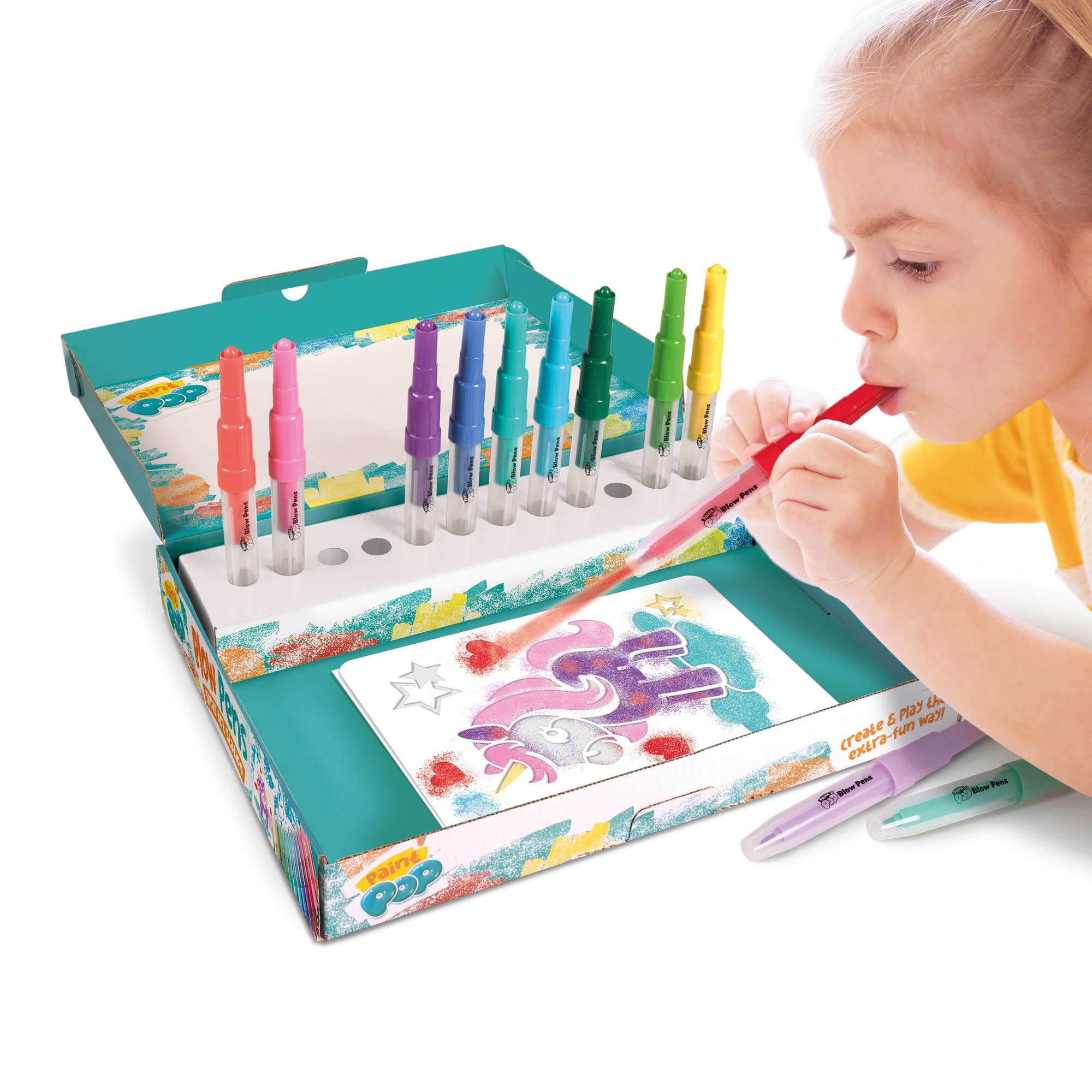 Paint Pop Blow Pens Spray Art Station - 12 Pens, Multi Coloured | Quick-Drying Paint | Includes Stencils & Paper 8