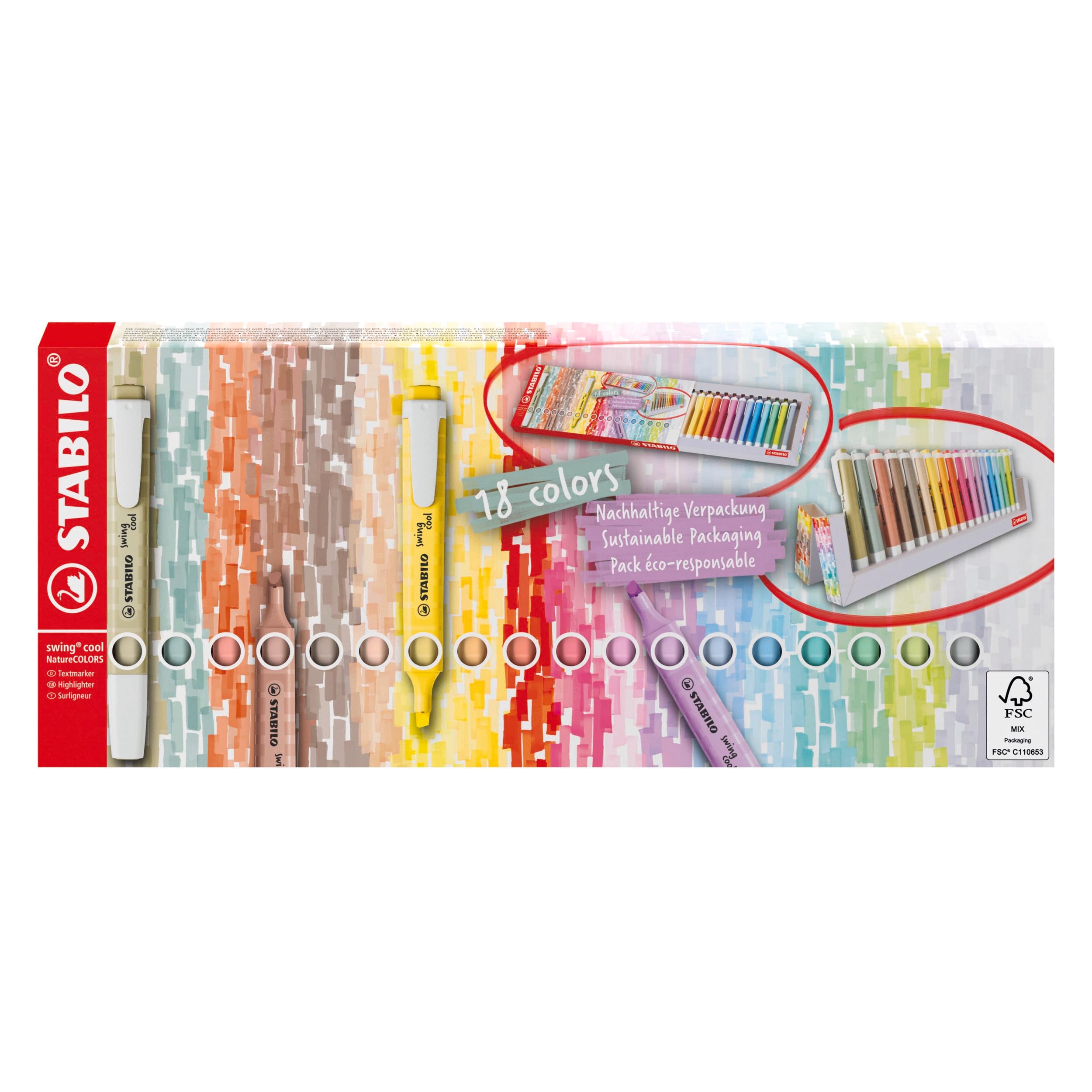 STABILO swing cool NatureCOLORS Highlighter Deskset - Pack of 18 with Chisel Tip and Anti-Dry-Out Technology 2