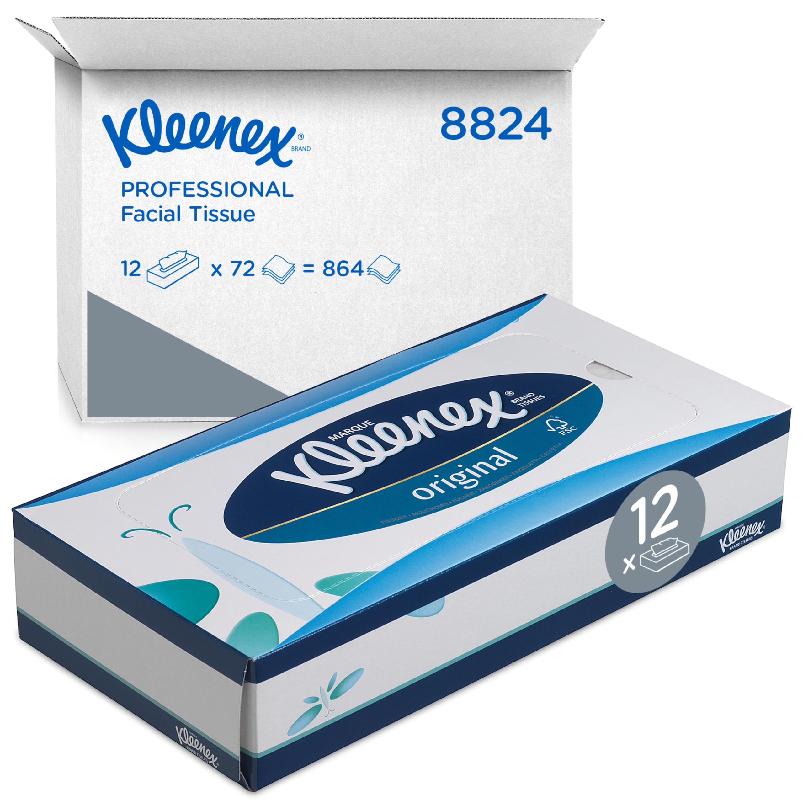 Kleenex Facial Tissues - 3-Ply Soft & Strong White Tissues | 12 Boxes of 72 Tissues