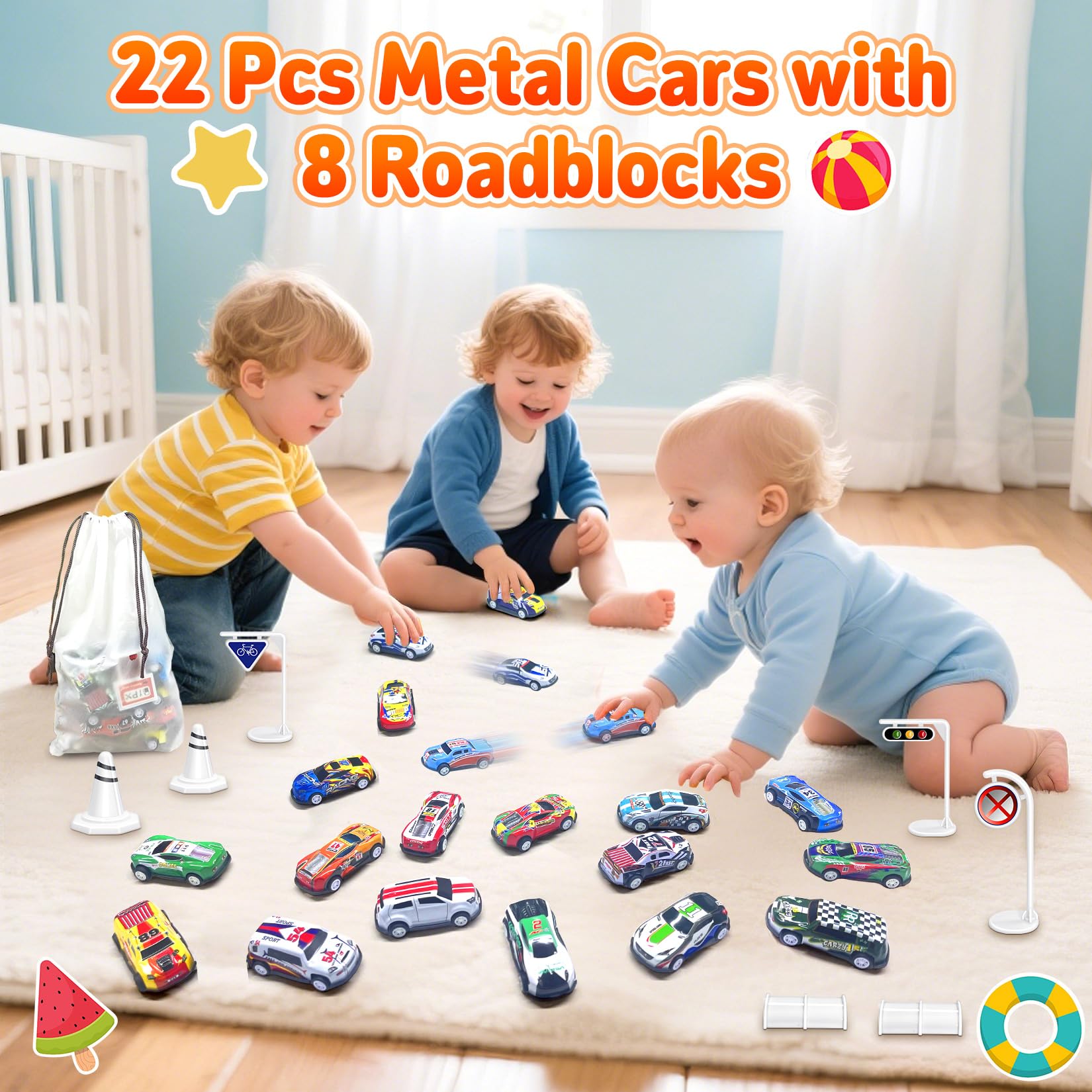 TOYABI 22Pcs Metal Shell Pull-Back Toy Car Set with 8 Roadblocks - Vehicles Playset for Kids 6