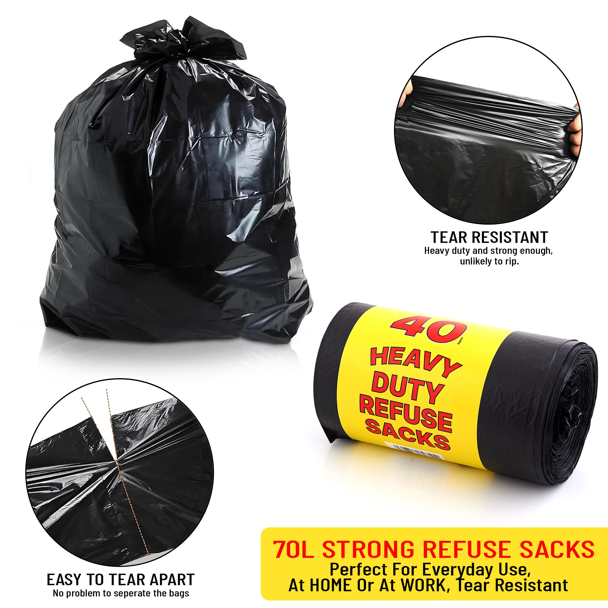 REQUISITE NEEDS Ultra Heavy Duty Refuse Sacks - 70L Capacity | Pack of 40 | Black 5