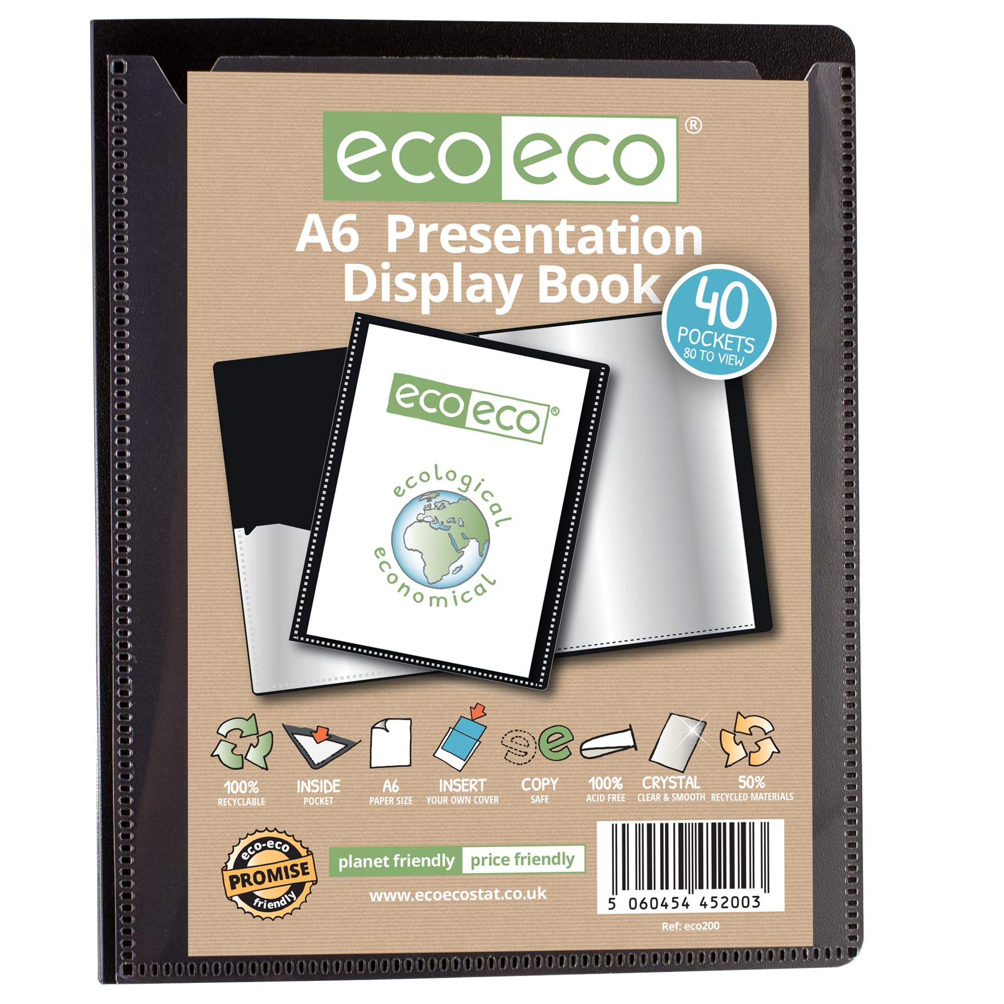 eco-eco A6 Fixed Presentation Display Book | 40 Pockets | Black | 50% Recycled Material