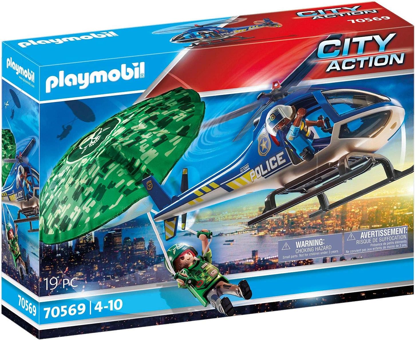 PLAYMOBIL City Action Police Parachute Search Playset - Helicopter Chase with Figures & Parachute for Ages 4-10