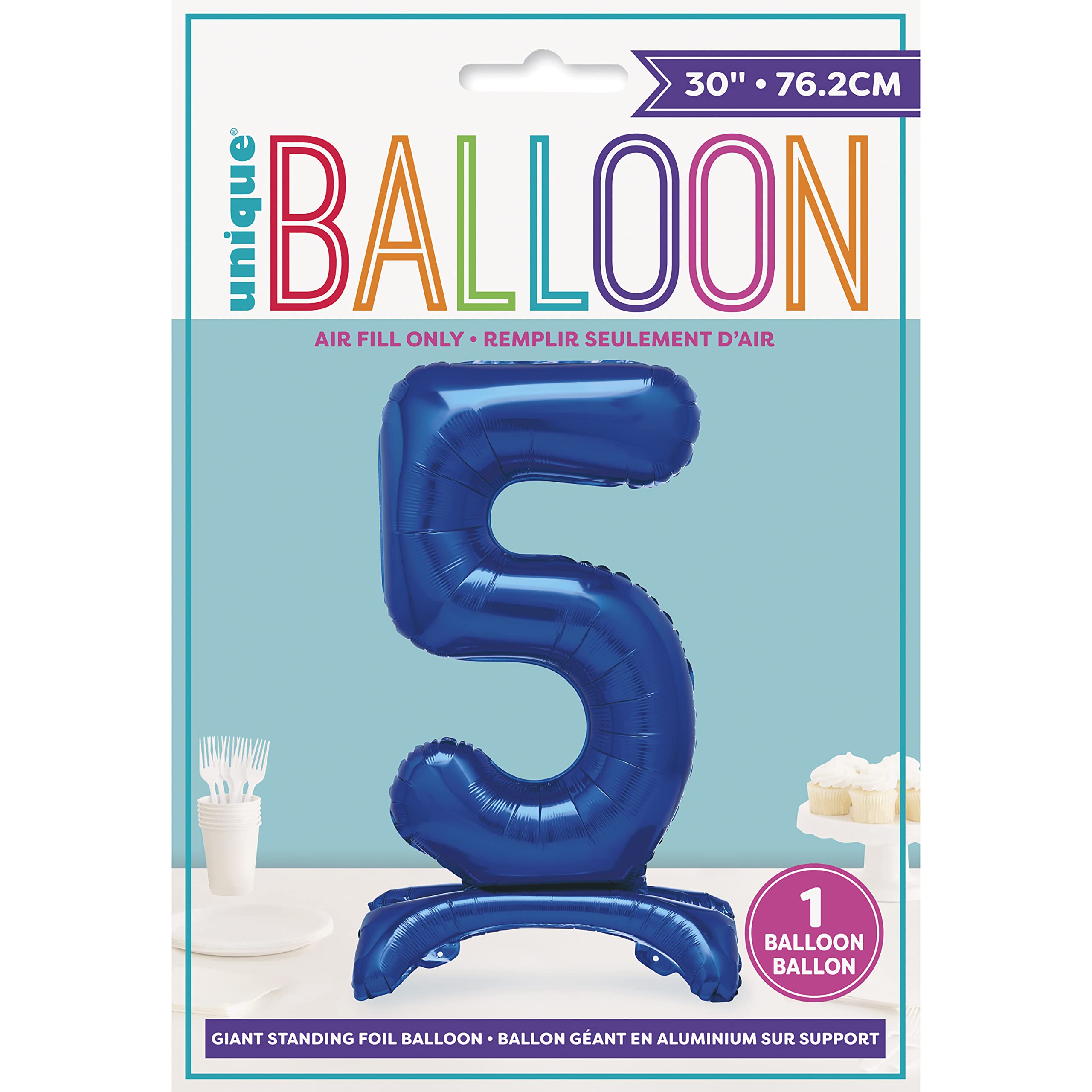 Unique Blue Standing Number 5 Foil Balloon 30" - Giant Air-Fill Birthday Decoration
