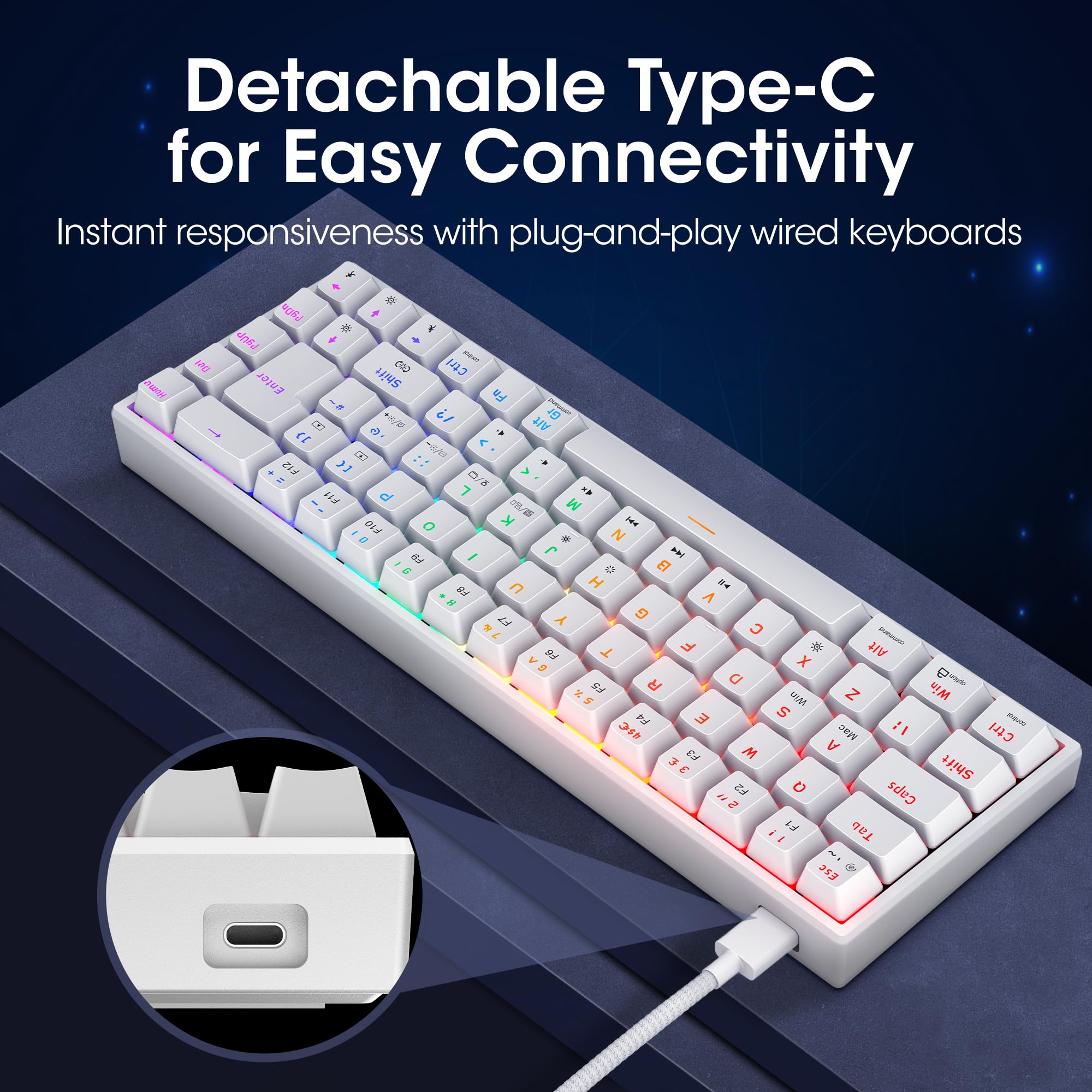 KOORUI 60% Mechanical Gaming Keyboard MKC01, Red Switch, RGB Backlit, Compact 69-Key, Detachable Type-C, Anti-Ghosting, Mac/PC Compatible 11
