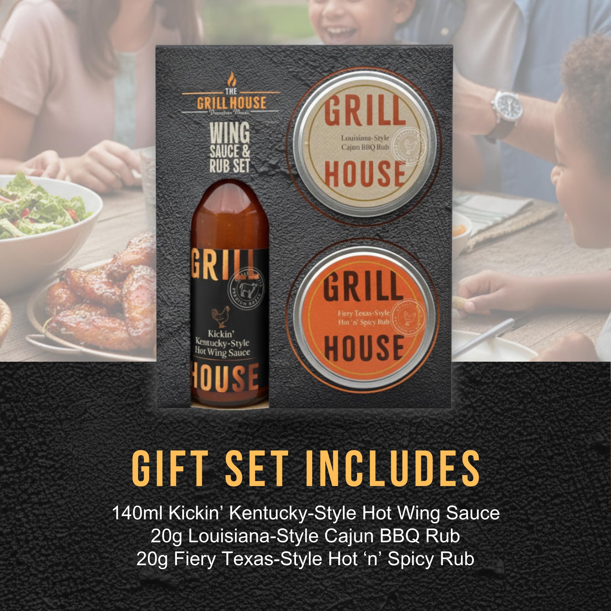 Grill House Wing Sauce & BBQ Rub Gift Set - 140 ml Hot Sauce, 2 x 20 g 3