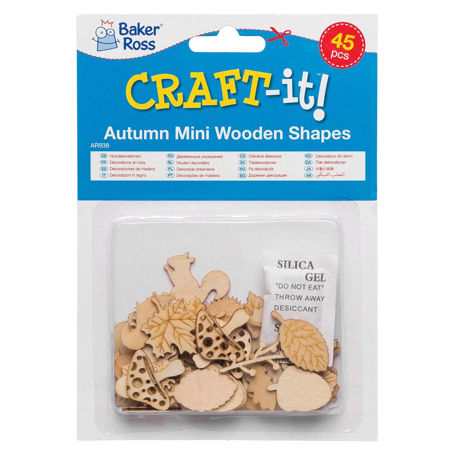 Baker Ross AR938 Autumn Mini Wooden Shapes Craft Kit - 45-Piece Set for Kids 4