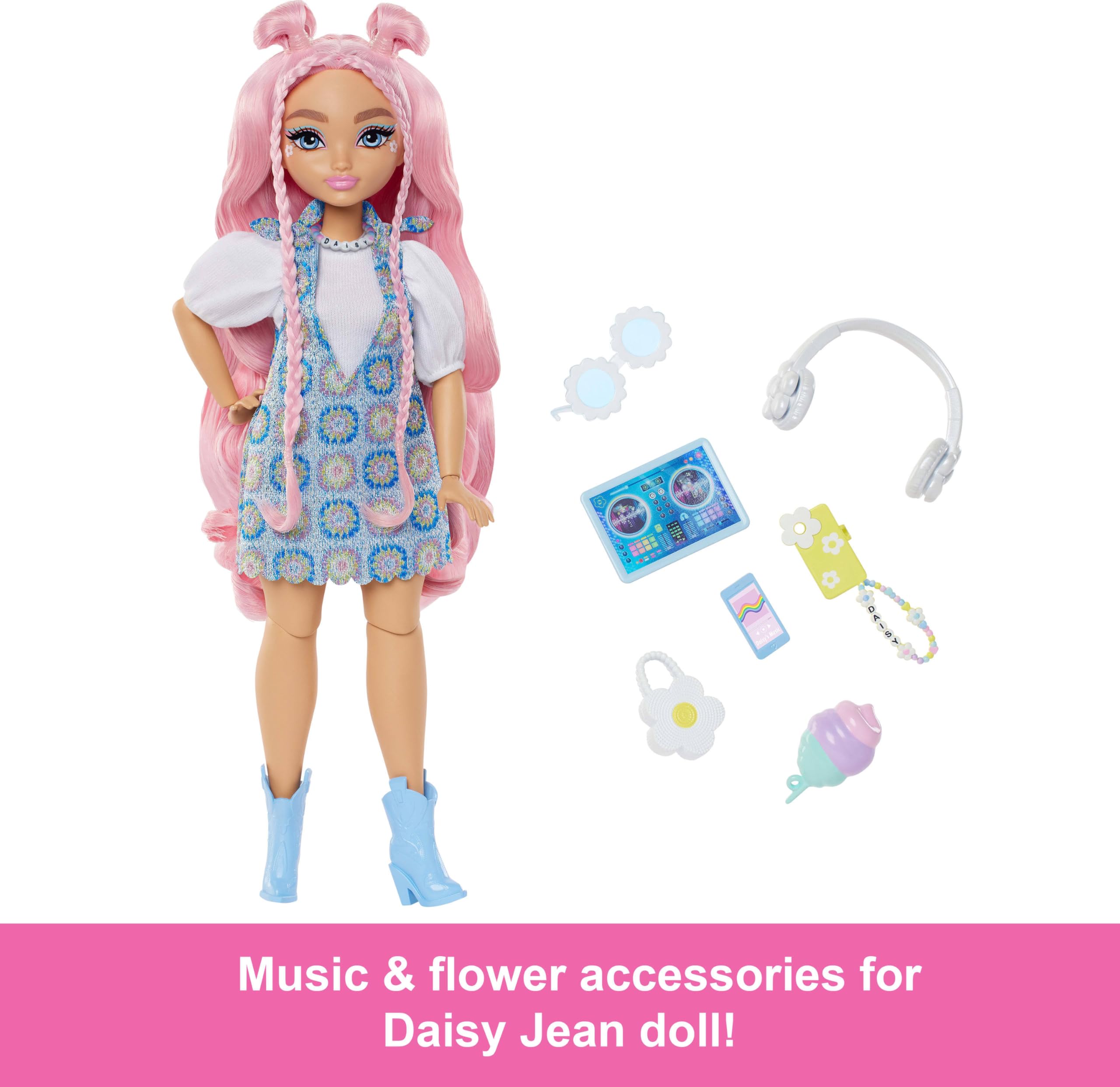 Barbie Dream Besties Daisy Jean Doll & Music Playset - Posable Fashion Doll with 9 Accessories, Pink Wavy Hair, Ages 4+
