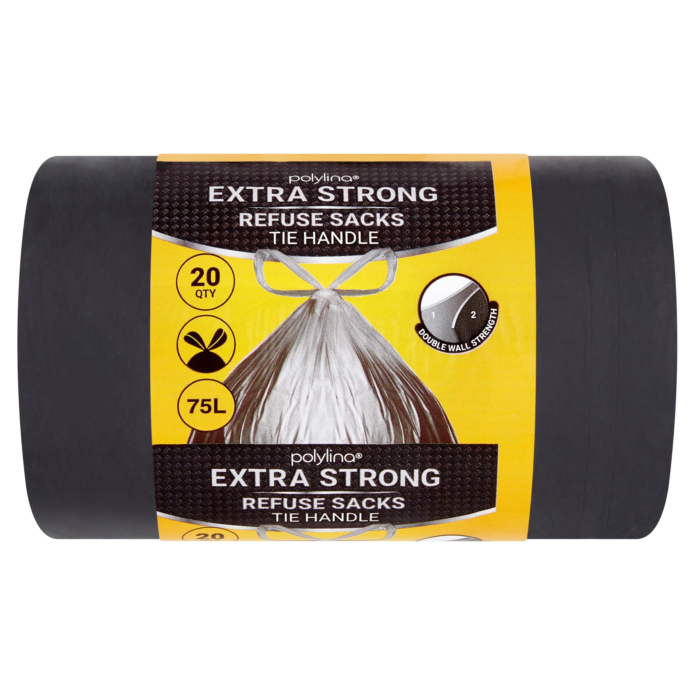 Polylina Extra Strong 75 Litre Black Tie Handle Bin Bags - 20 Pack
