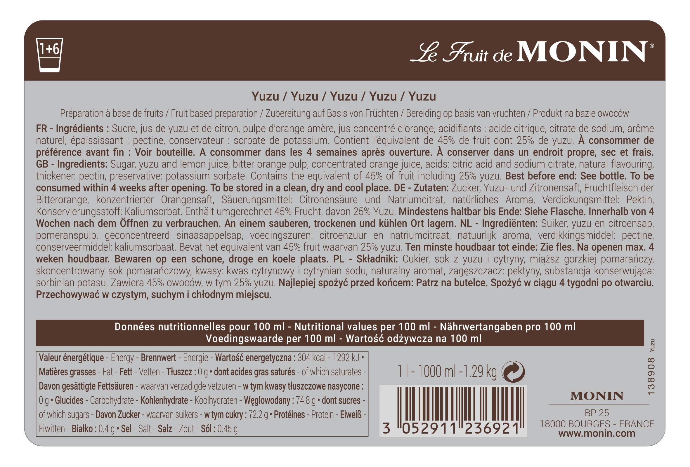 Monin Yuzu Fruit Mix Puree - 1L | 45% Fruit Content | Vegan & Halal Certified 4