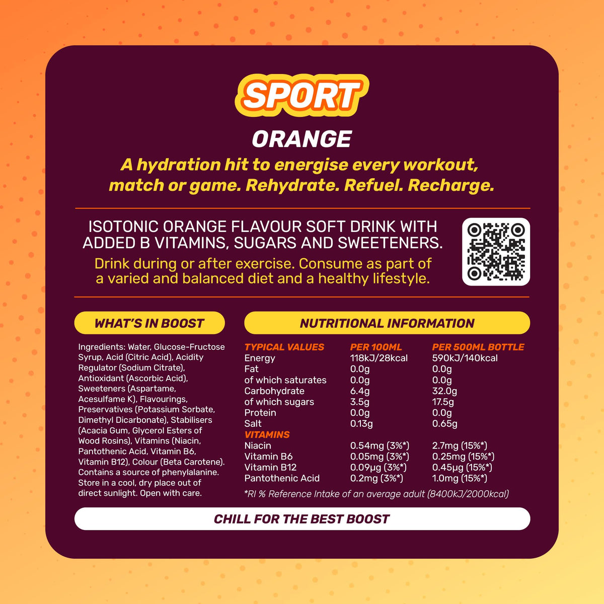Boost Sport Orange Isotonic Sports Drink - 12 x 500ml Bottles