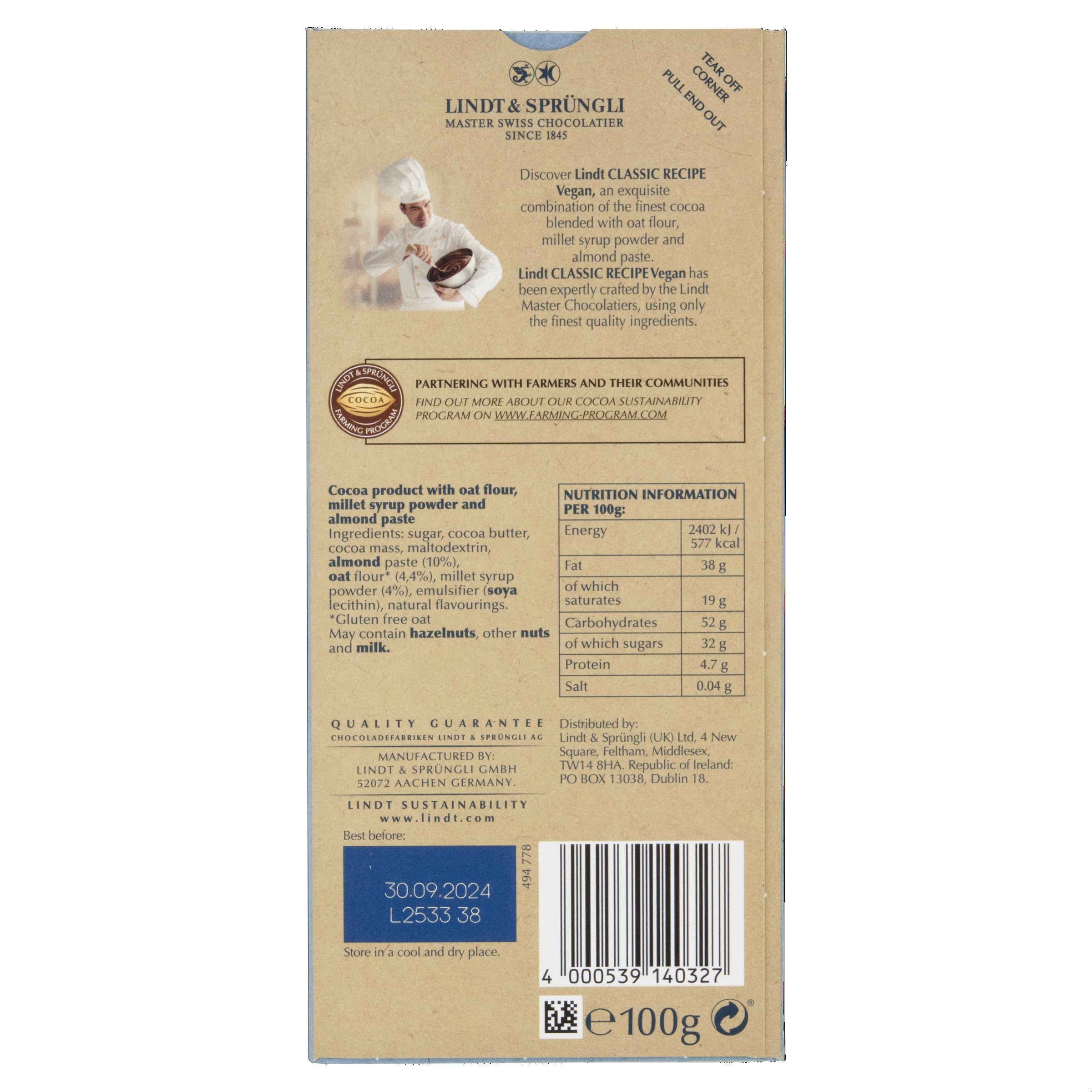 Lindt Classic Recipe Vegan Chocolate Bar, 100g - Creamy Oat Milk Chocolate with Almonds 7