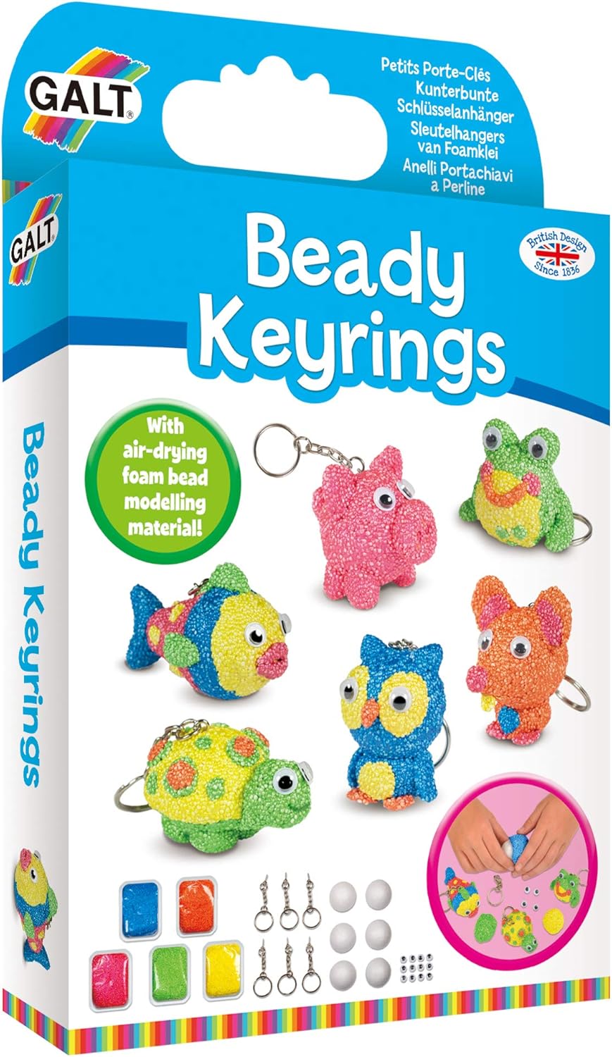 Galt Beady Keyrings Craft Kit - Make 6 Fun Animal Keyrings, Ages 6+