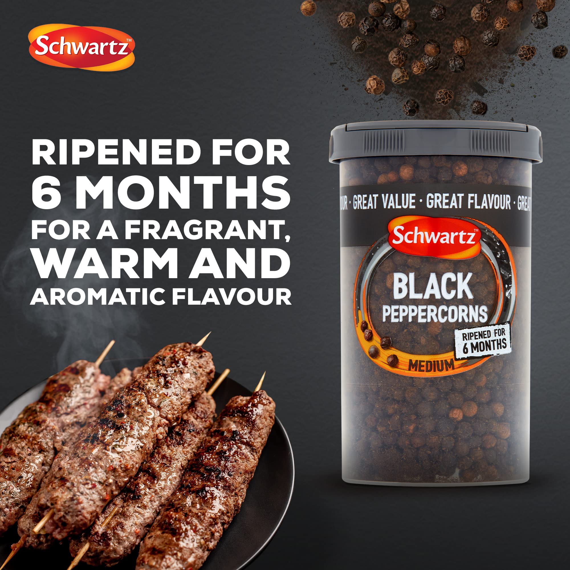 Schwartz Medium Black Peppercorn Drum 100g - Mild Heat, Spicy Kick, Citrusy Aroma