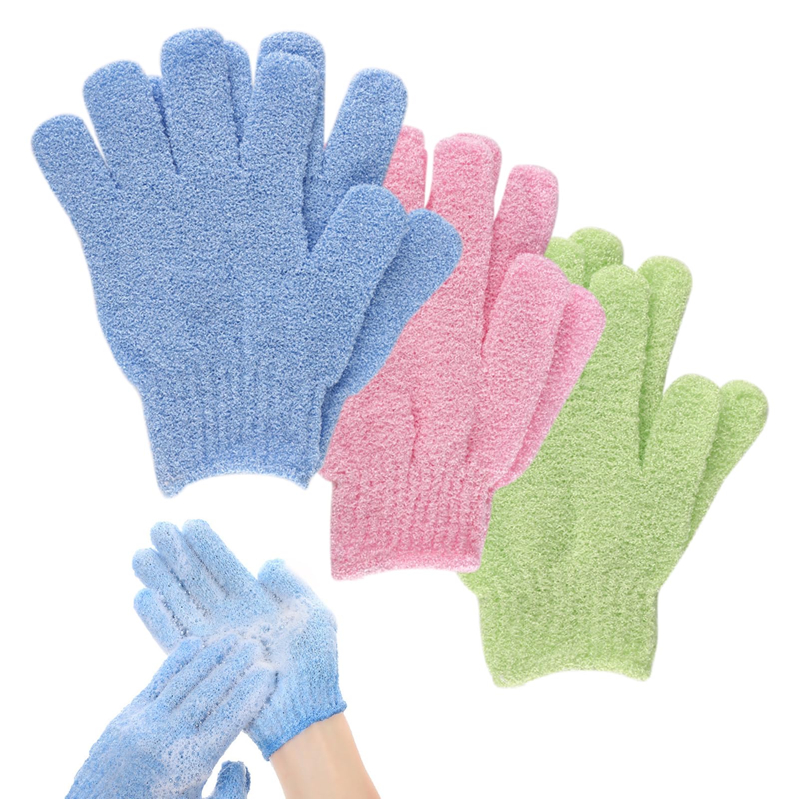 Lafefe Exfoliating Gloves - 6 Pack Shower Mitts for Deep Cleansing | Tri-Color Set | Built-in Hooks