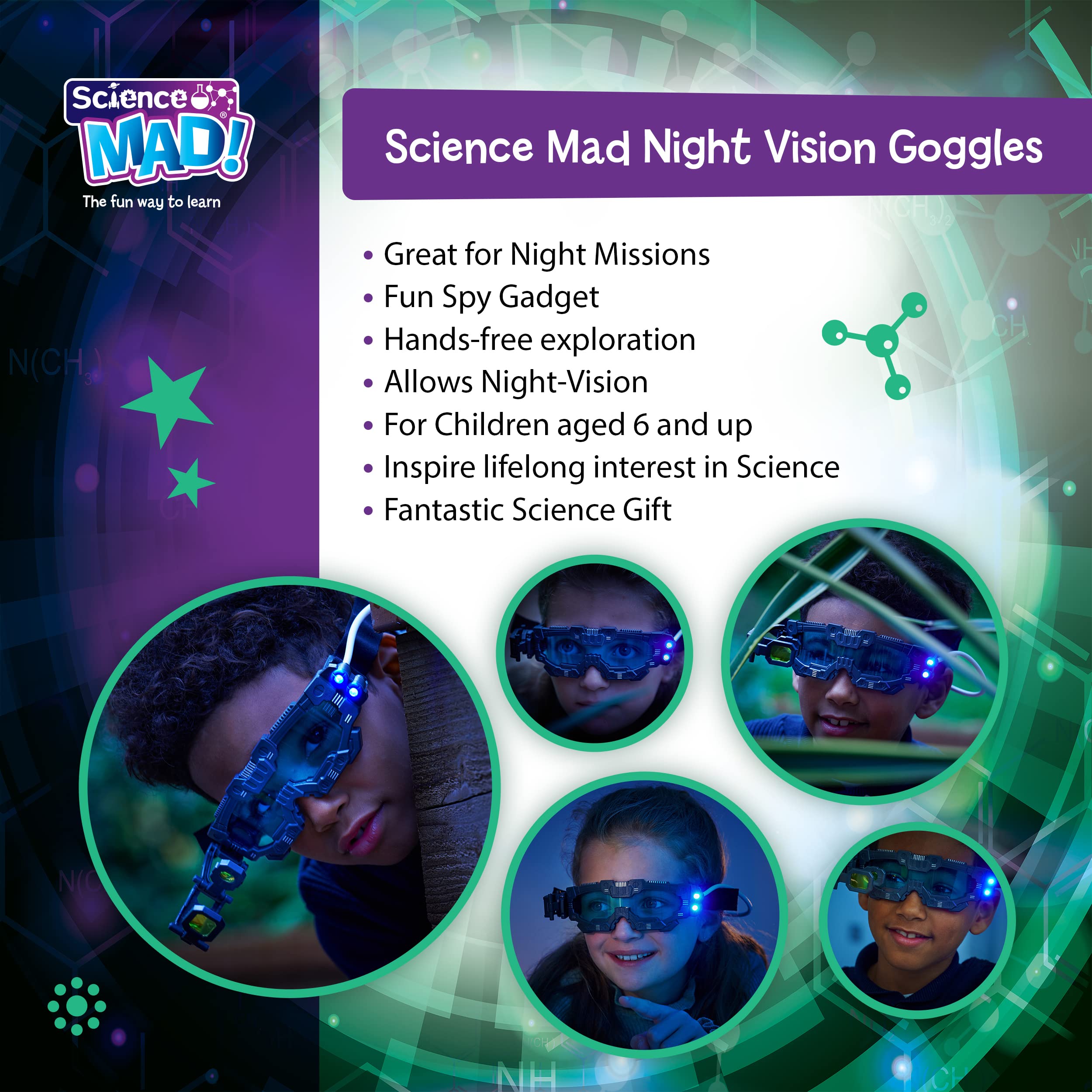 Science Mad! Night Vision Goggles for Kids - 2x Magnification & LED Lights - Black 5