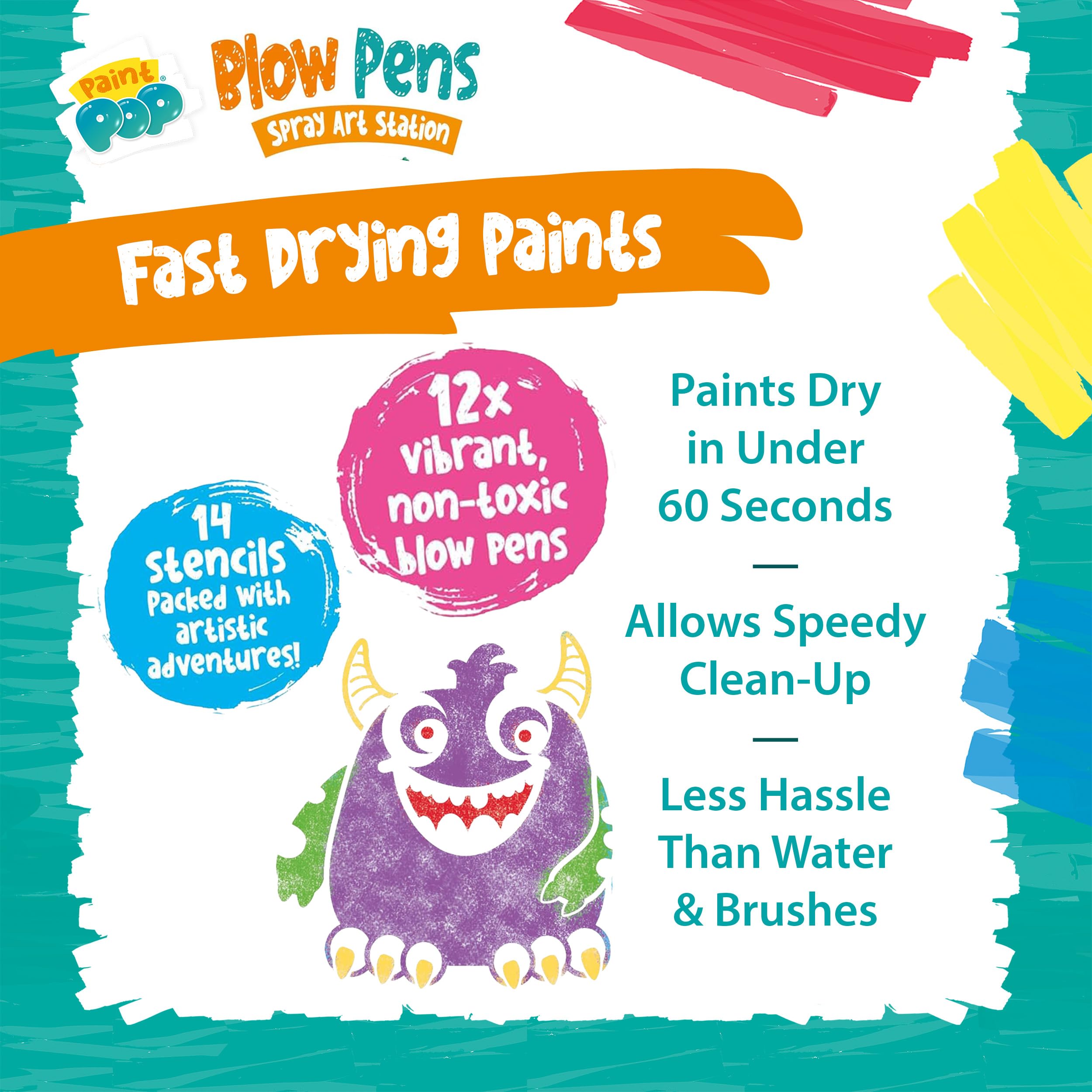 Paint Pop Blow Pens Spray Art Station - 12 Pens, Multi Coloured | Quick-Drying Paint | Includes Stencils & Paper 5