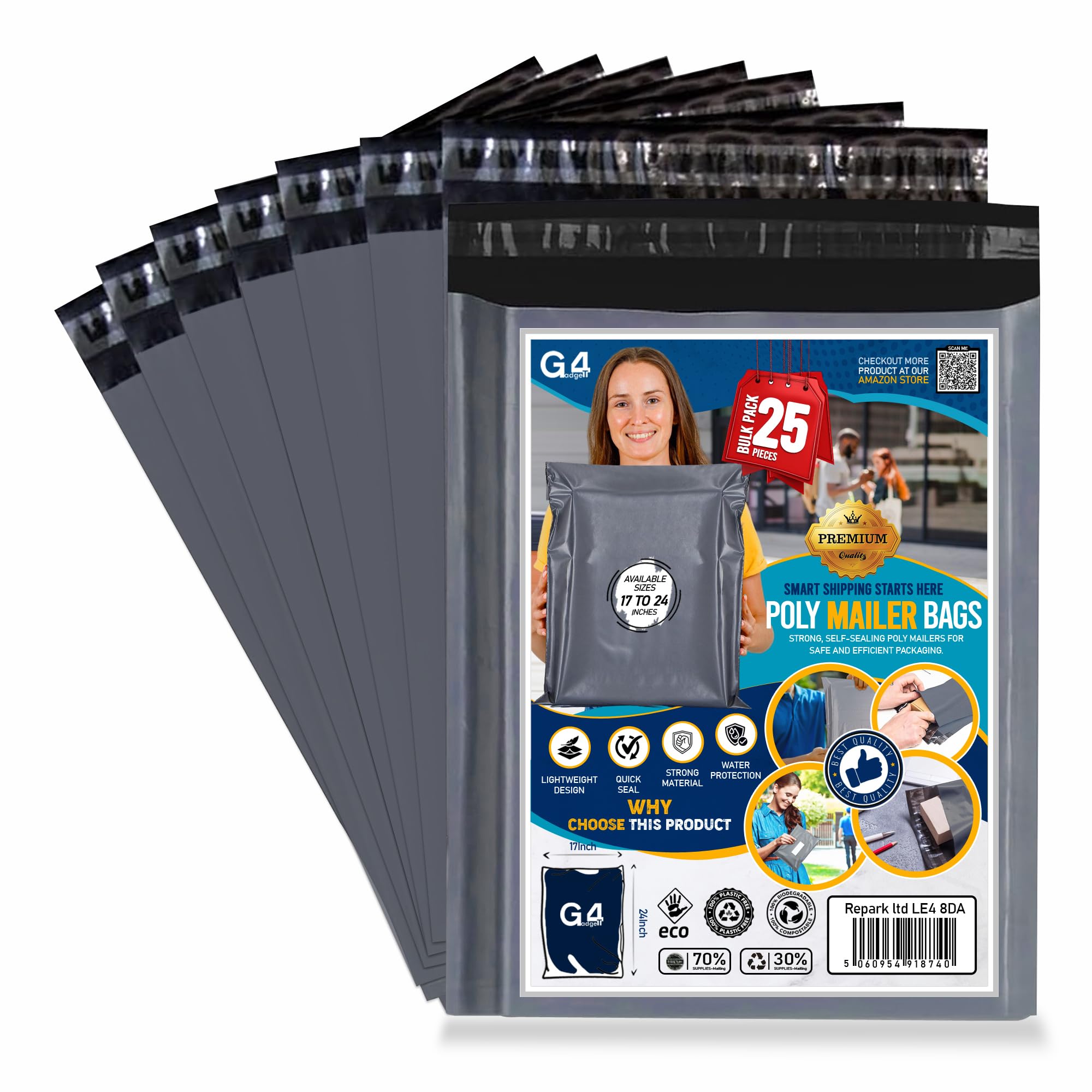 G4GADGET Large Grey Box Mailers - 25 Pack | 17 x 24 Inches | Strong Plastic Poly Mailers