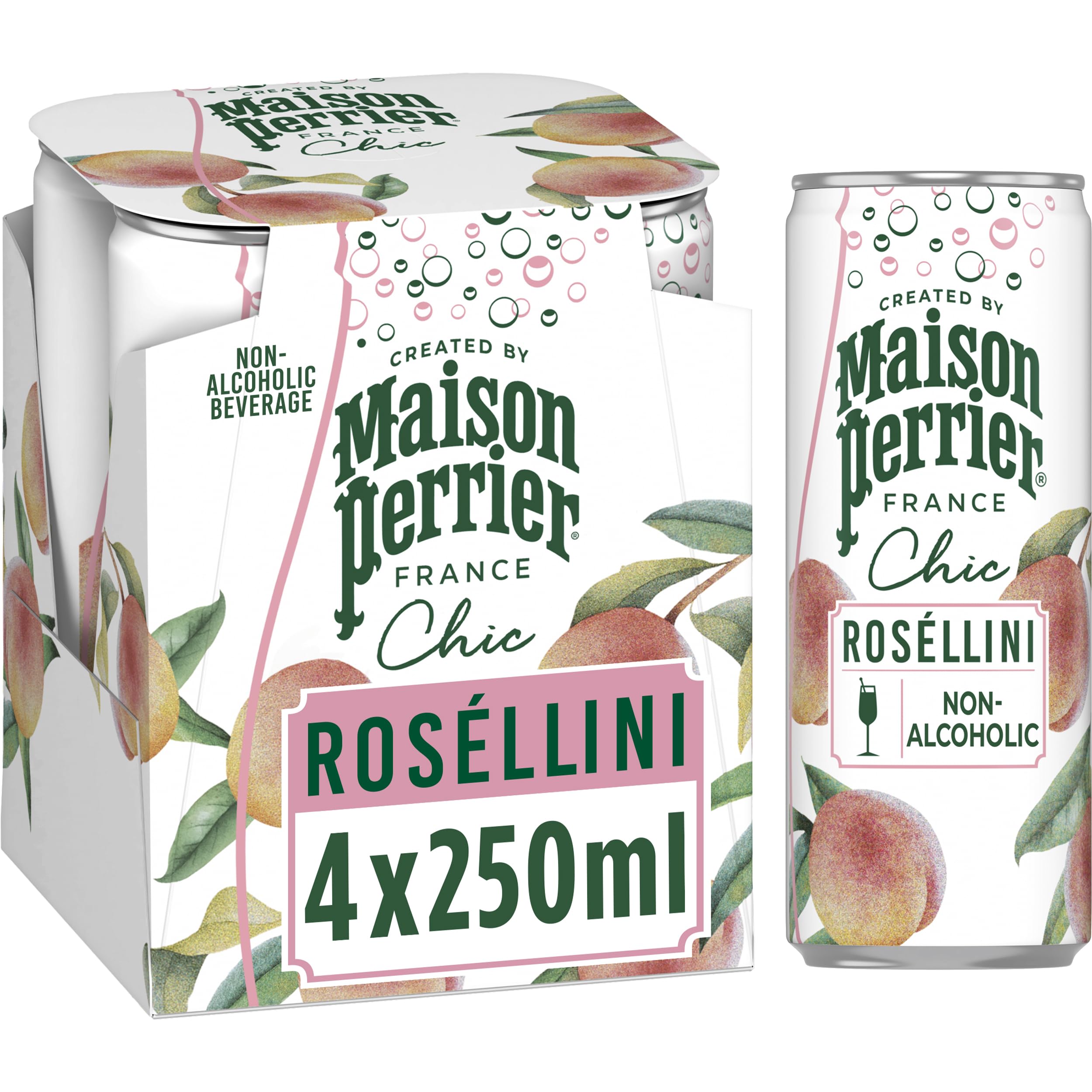 Maison Perrier Chic Rosellini Non-Alcoholic Aperitif | Peach & Blackcurrant Mocktail | 4 x 250ml Cans