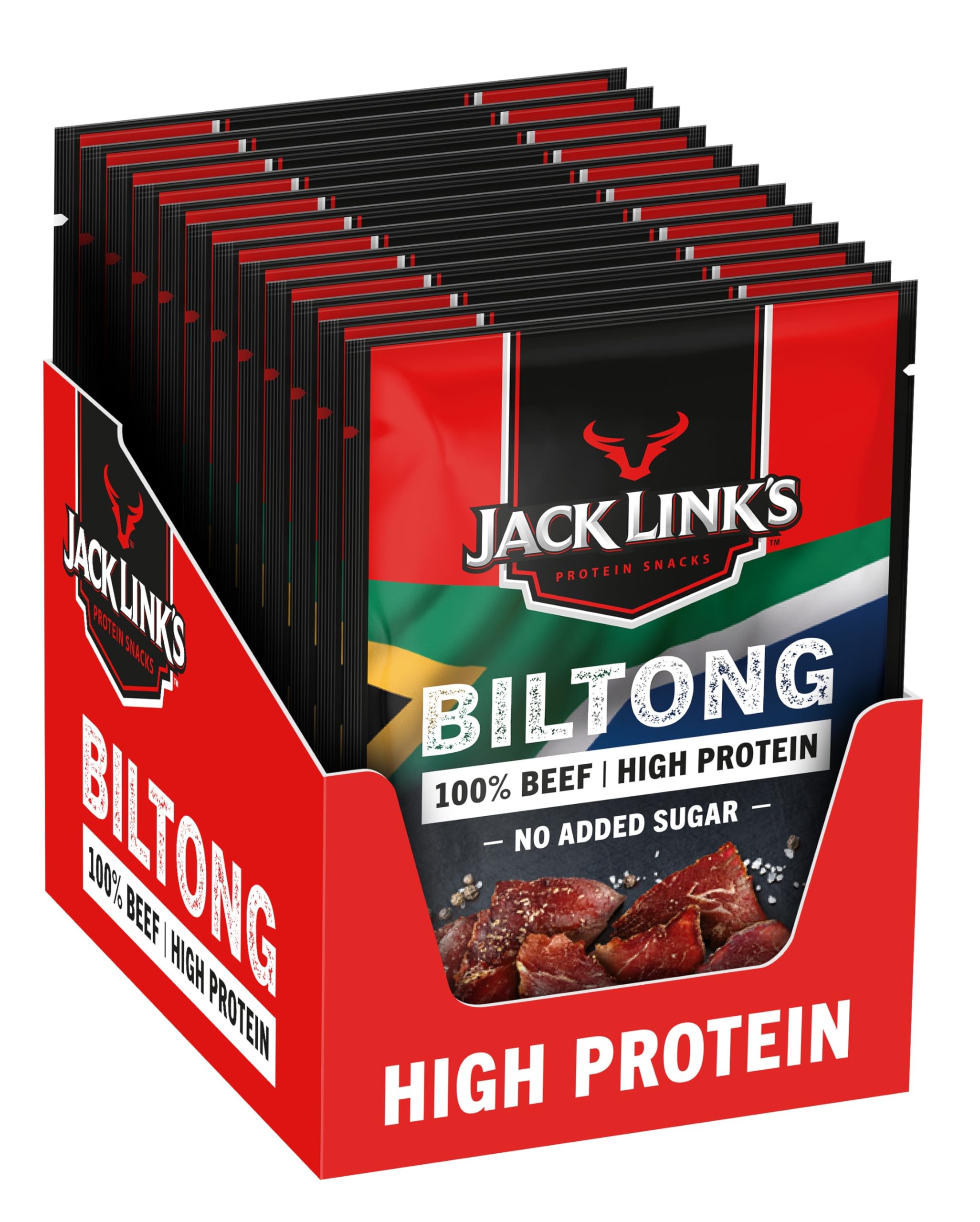 Jack Link's Biltong Jerky Original - Pack of 12 x 60g, Gluten Free High Protein Beef Snack